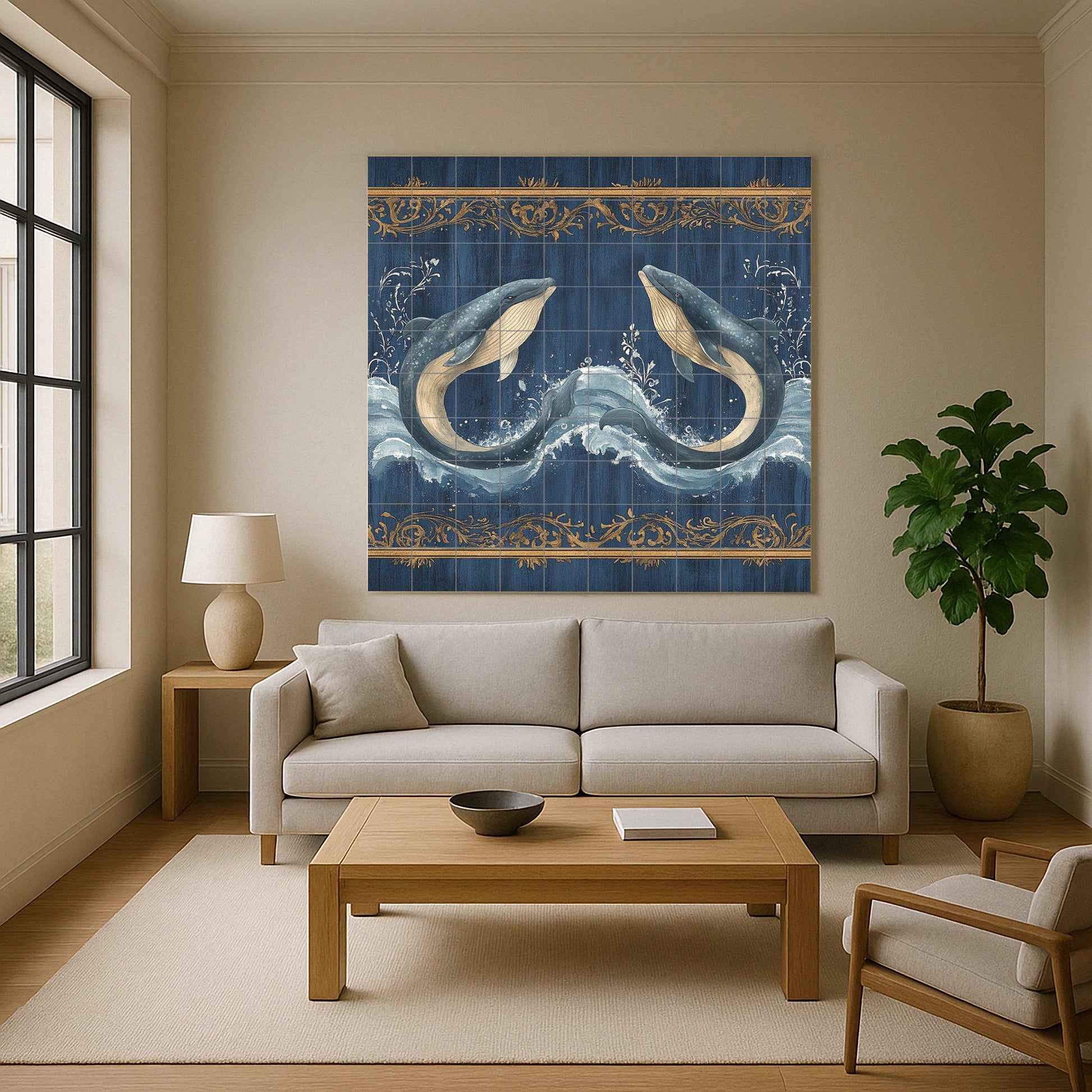 Ballena Bleu avec Vagues du Océan et Bordure orname — Fresque Murale en Carreaux de Céramique · Art Marin et Côtier