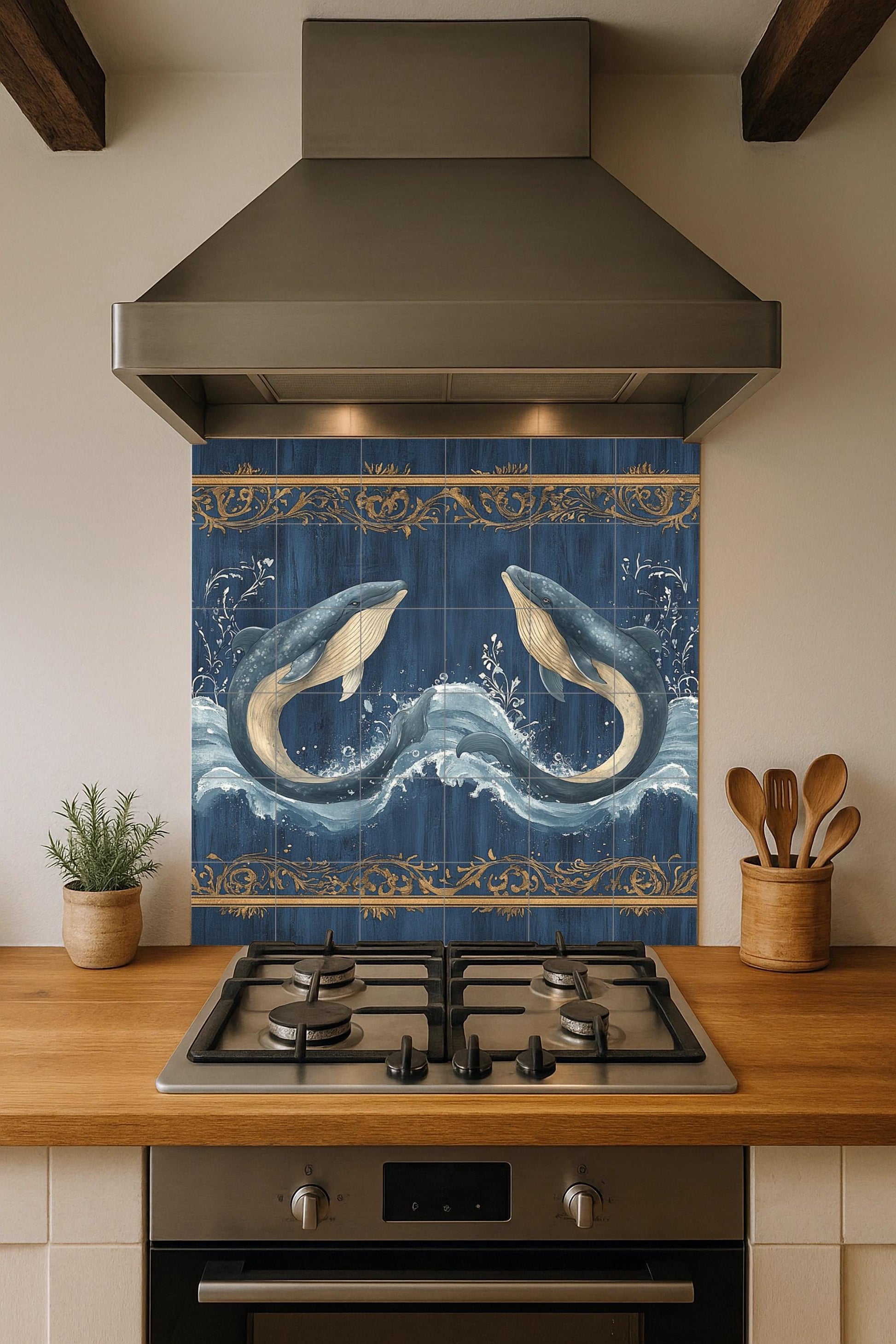 Ballena Bleu avec Vagues du Océan et Bordure orname — Fresque Murale en Carreaux de Céramique · Art Marin et Côtier