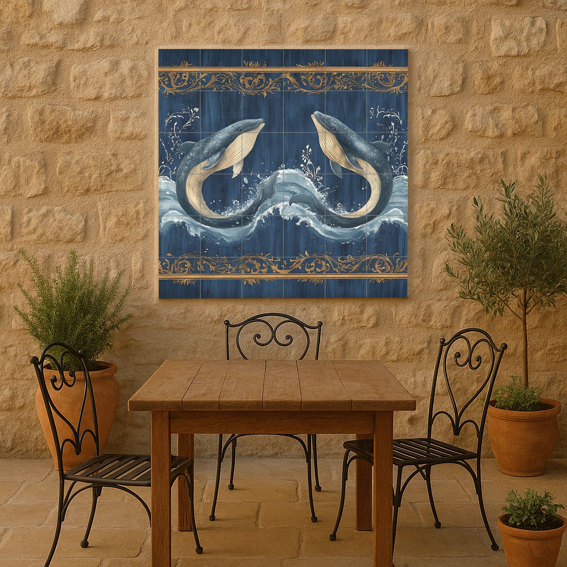 Ballena Bleu avec Vagues du Océan et Bordure orname — Fresque Murale en Carreaux de Céramique · Art Marin et Côtier