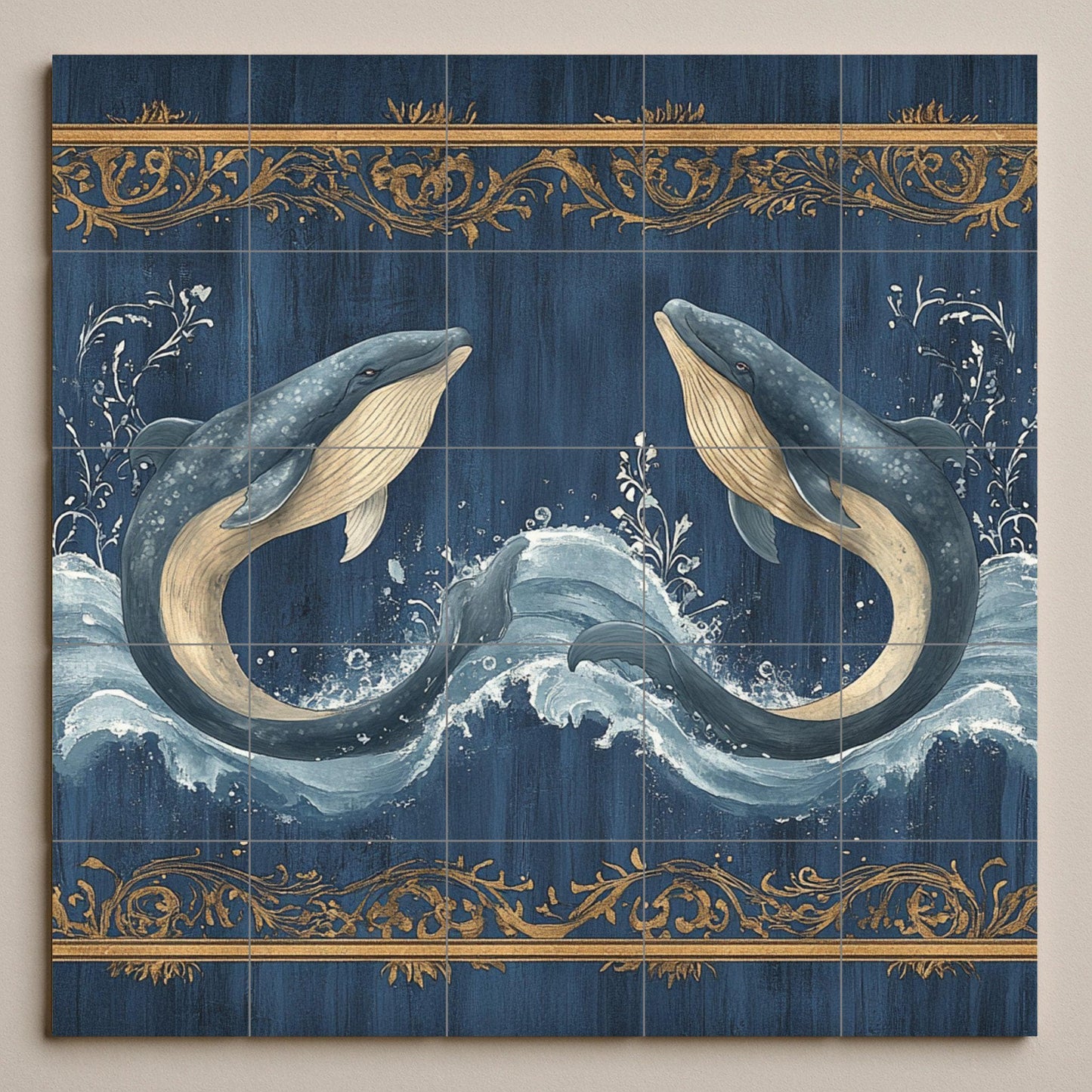 Ballena Bleu avec Vagues du Océan et Bordure orname — Fresque Murale en Carreaux de Céramique · Art Marin et Côtier