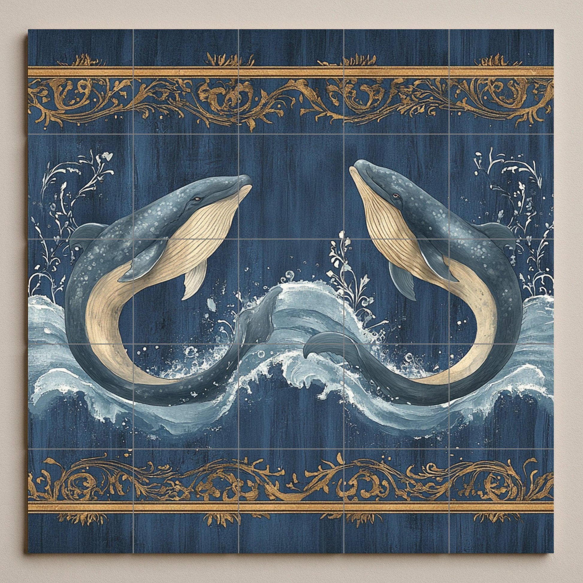 Ballena Bleu avec Vagues du Océan et Bordure orname — Fresque Murale en Carreaux de Céramique · Art Marin et Côtier