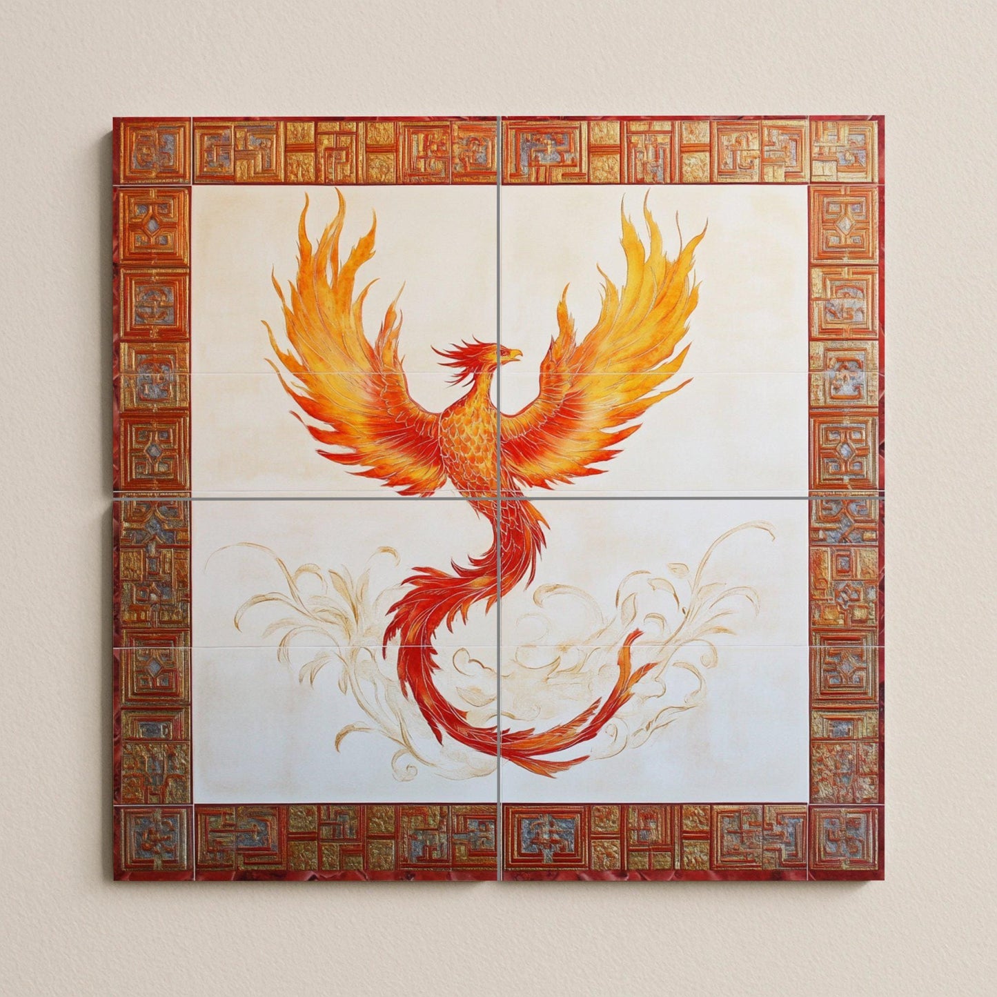 Fliesenbild Fénix con ave mitológica ardiente y borde ornam — Mythologische Szene