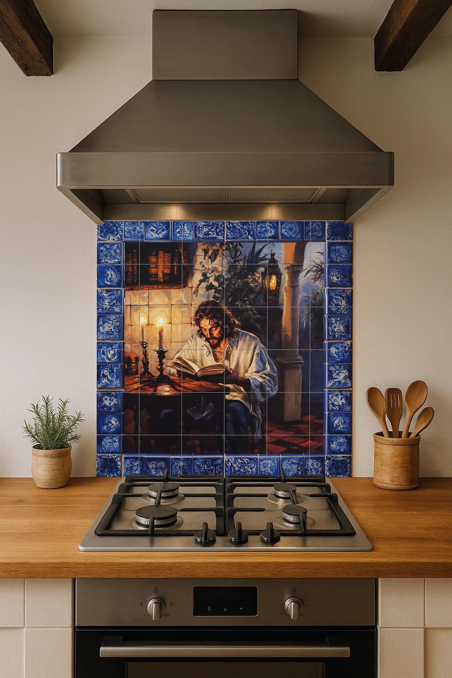 Mural de pared de cerámica clásico con hombre leyendo a la luz de las…