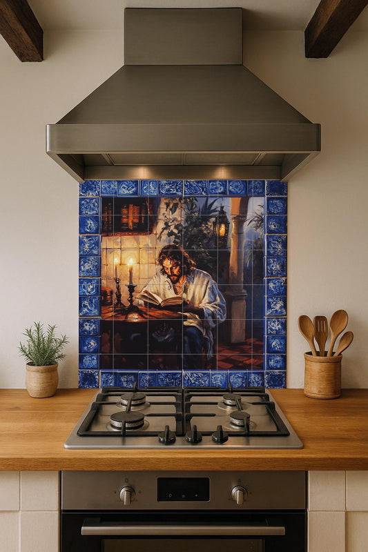 Clásico con hombre leyendo a la luz de las velas — Ornamental Wall Panel · Tile Wall Art