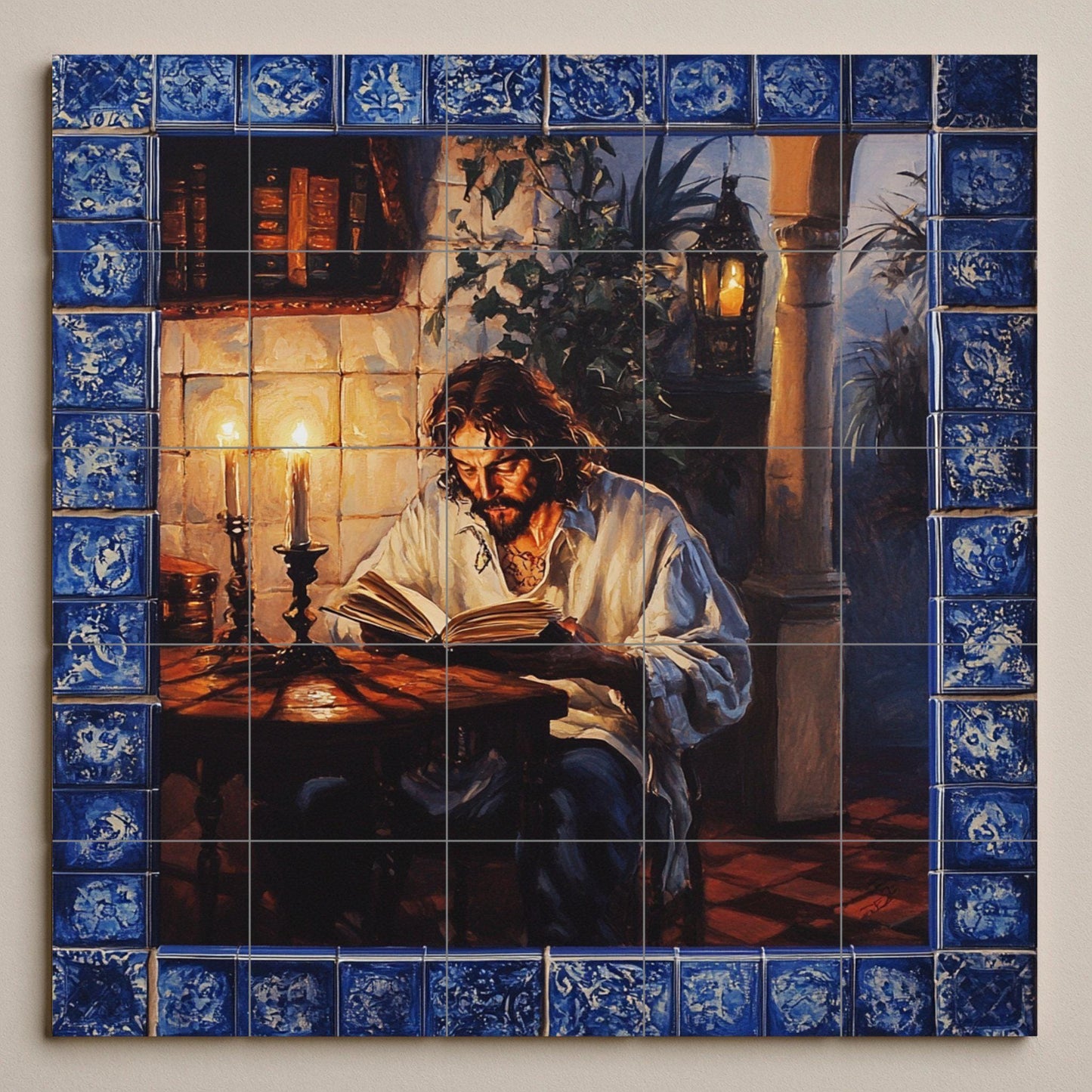 Mural de pared de cerámica clásico con hombre leyendo a la luz de las…
