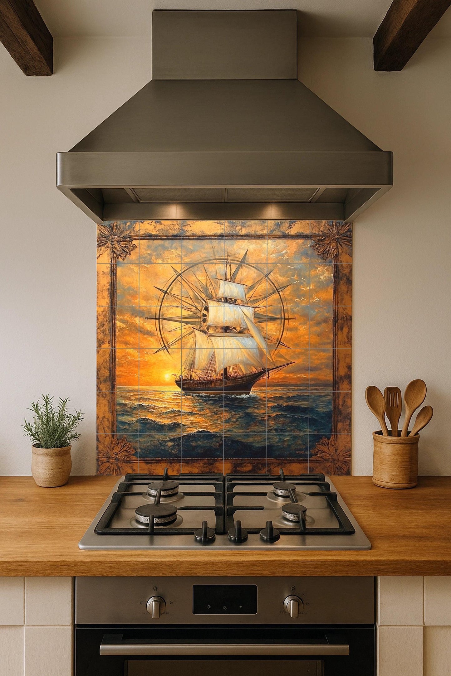 Con diseño de velero alto y rosa de los vientos co — Fresque Murale en Carreaux de Céramique · Fleurs et Paysages