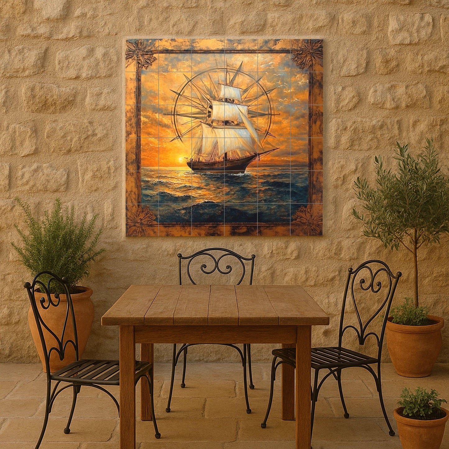 Con diseño de velero alto y rosa de los vientos co — Fresque Murale en Carreaux de Céramique · Fleurs et Paysages