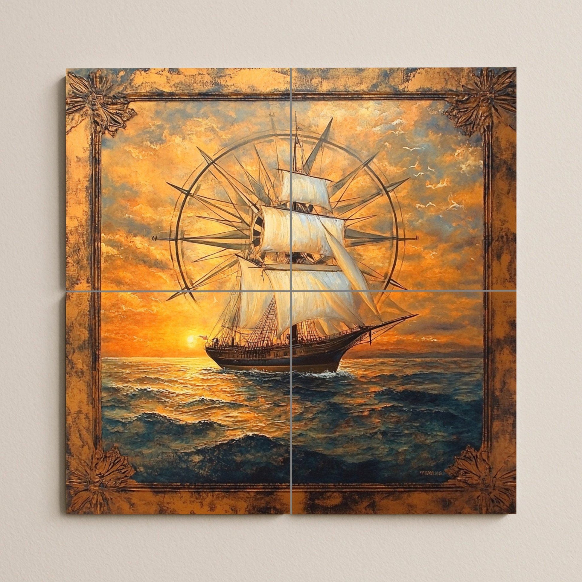 Con diseño de velero alto y rosa de los vientos co — Fresque Murale en Carreaux de Céramique · Fleurs et Paysages