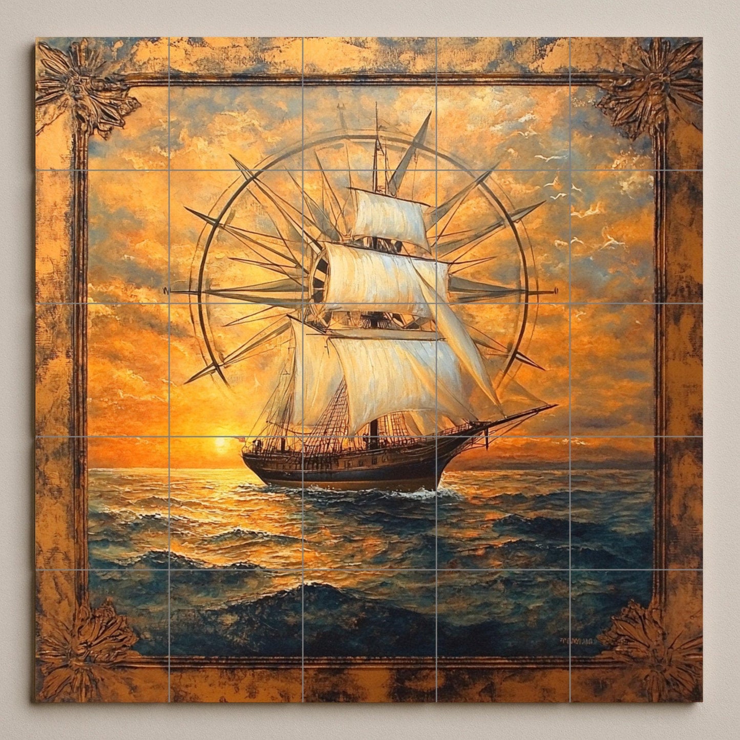 Con diseño de velero alto y rosa de los vientos co — Fresque Murale en Carreaux de Céramique · Fleurs et Paysages