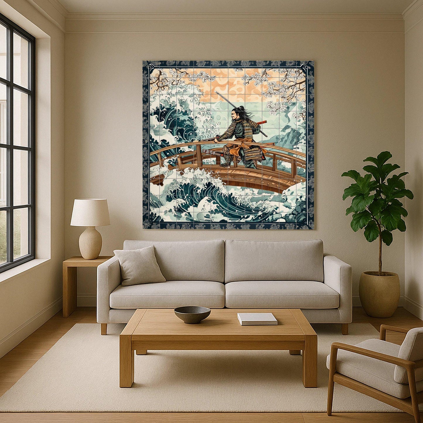 Mural de pared de cerámica de guerrero samurái con ondas japonesas y…