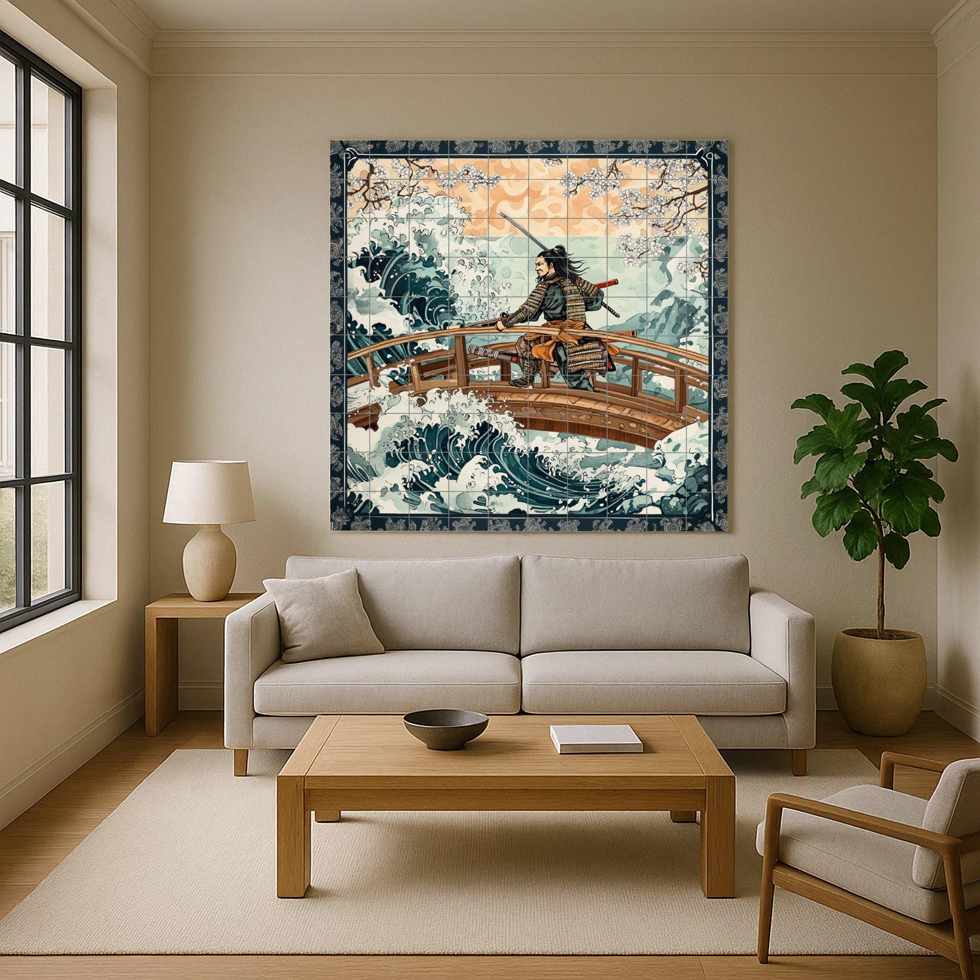 Mural de pared de cerámica de guerrero samurái con ondas japonesas y…