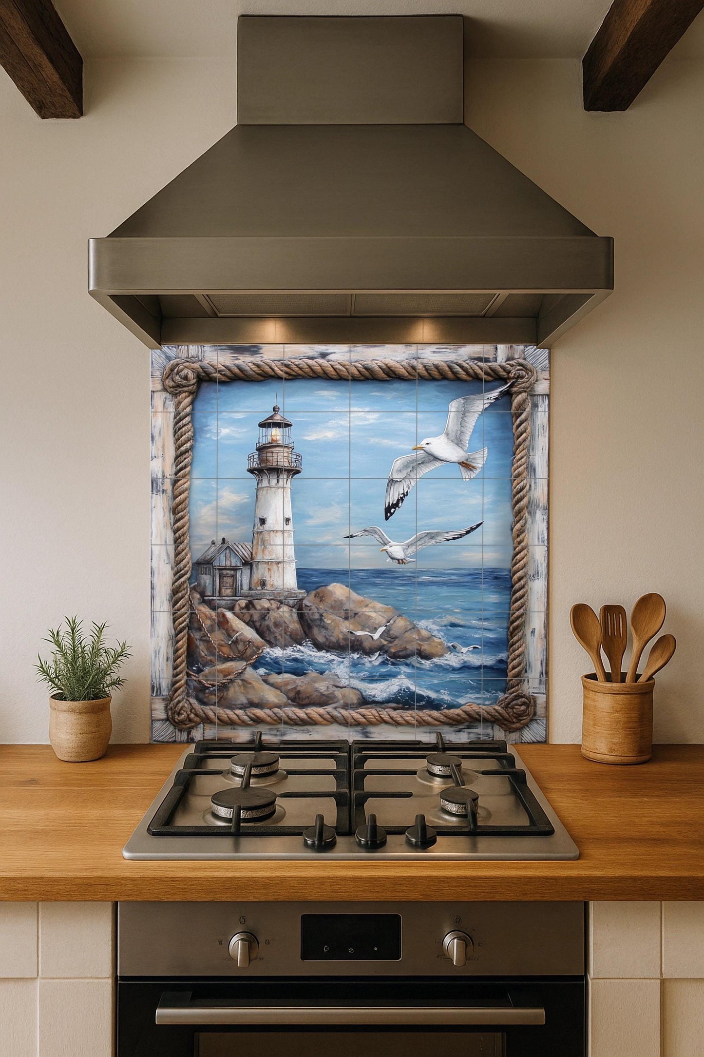 Mural de pared de cerámica de faro costero con gaviotas sobre olas…