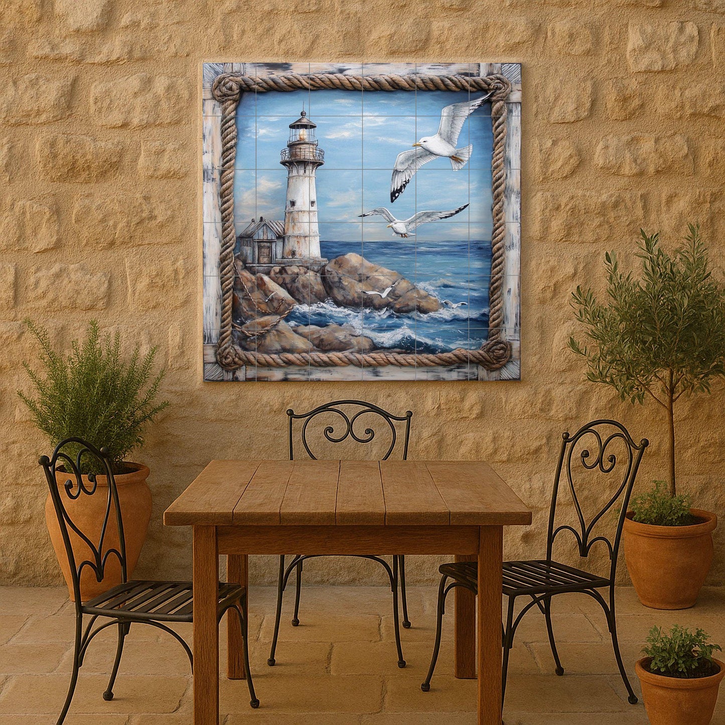 Mural de pared de cerámica de faro costero con gaviotas sobre olas…