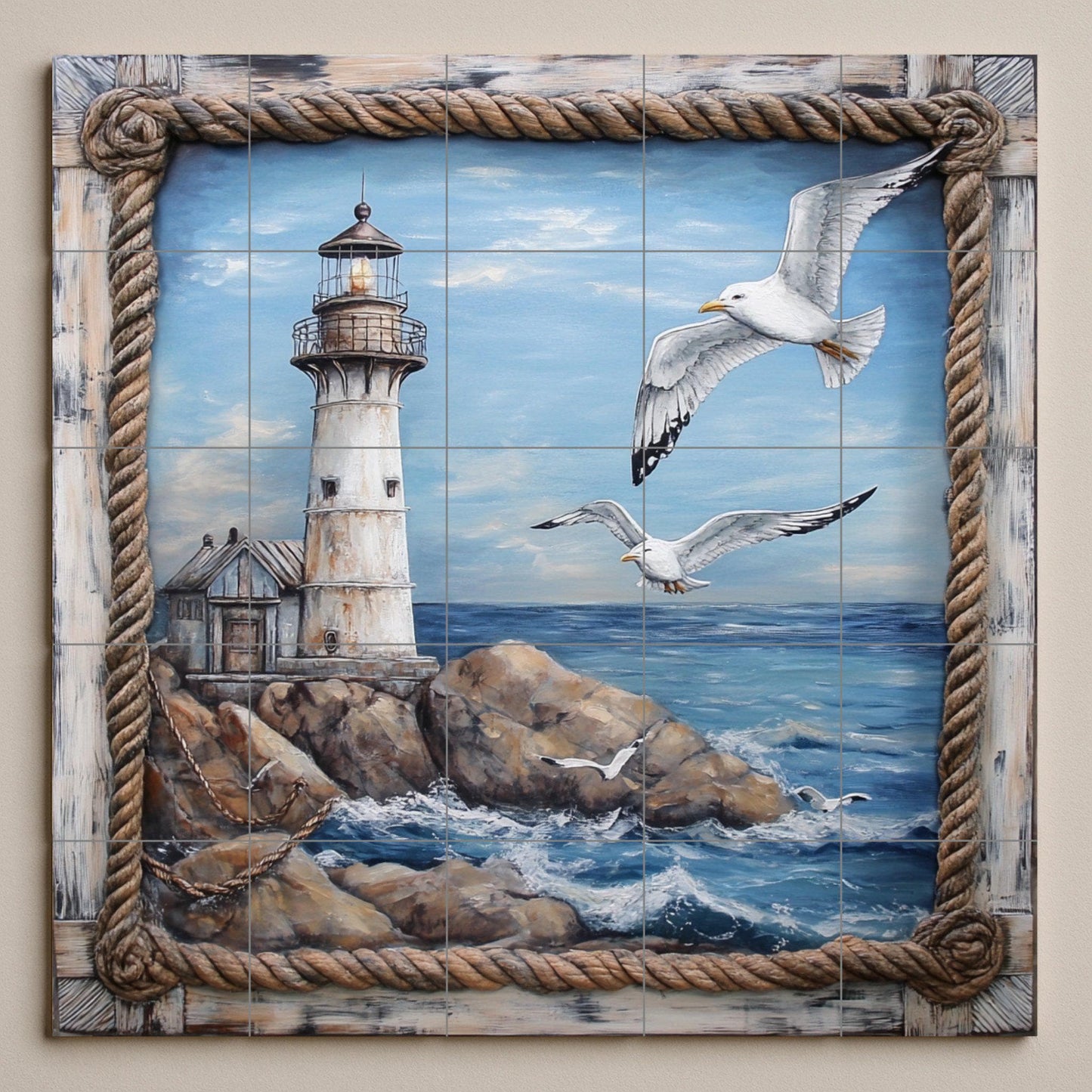 Mural de pared de cerámica de faro costero con gaviotas sobre olas…