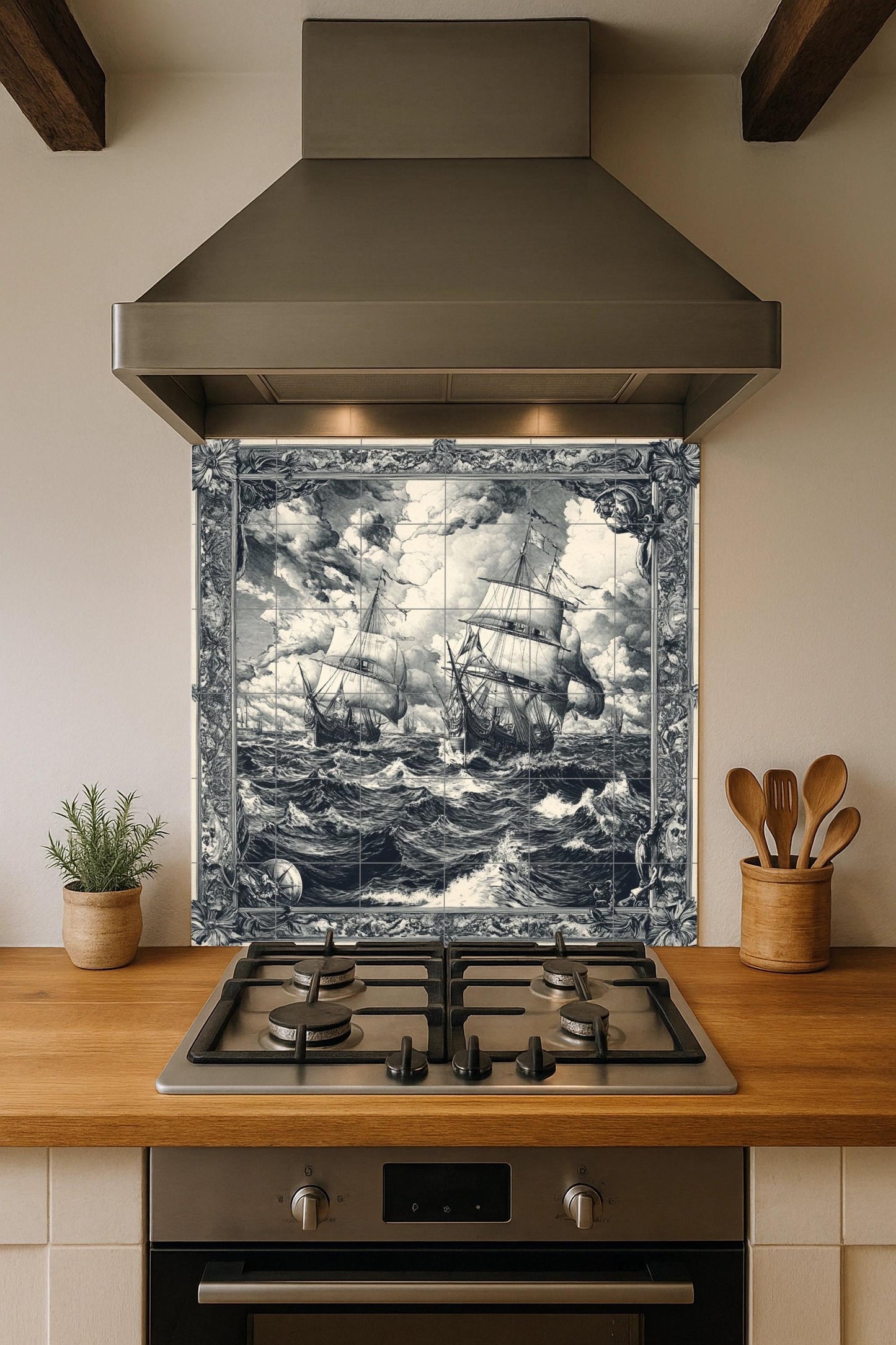 Velero Nautical with Waves tempestuosas, Art · Ceramic Wall Mural — Maritime Tile Art