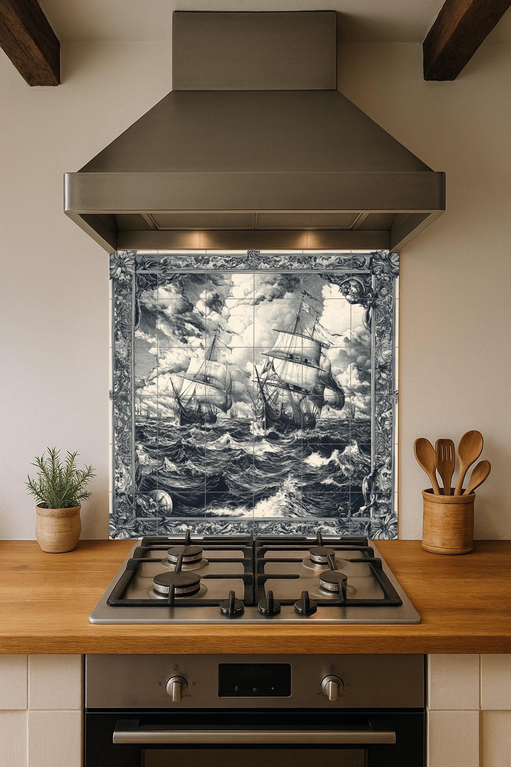 Velero Nautical with Waves tempestuosas, Art · Ceramic Wall Mural — Maritime Tile Art