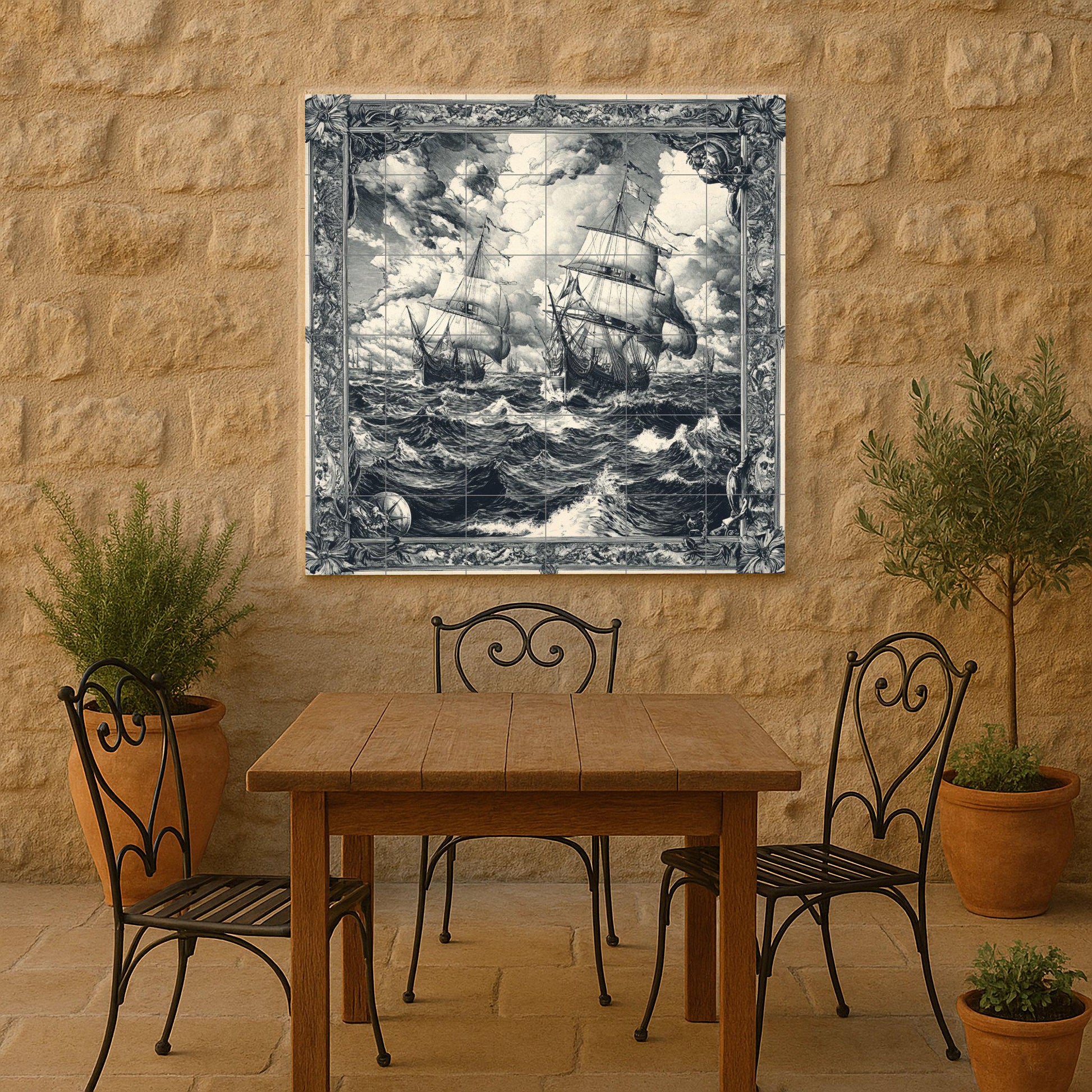 Velero Nautical with Waves tempestuosas, Art · Ceramic Wall Mural — Maritime Tile Art