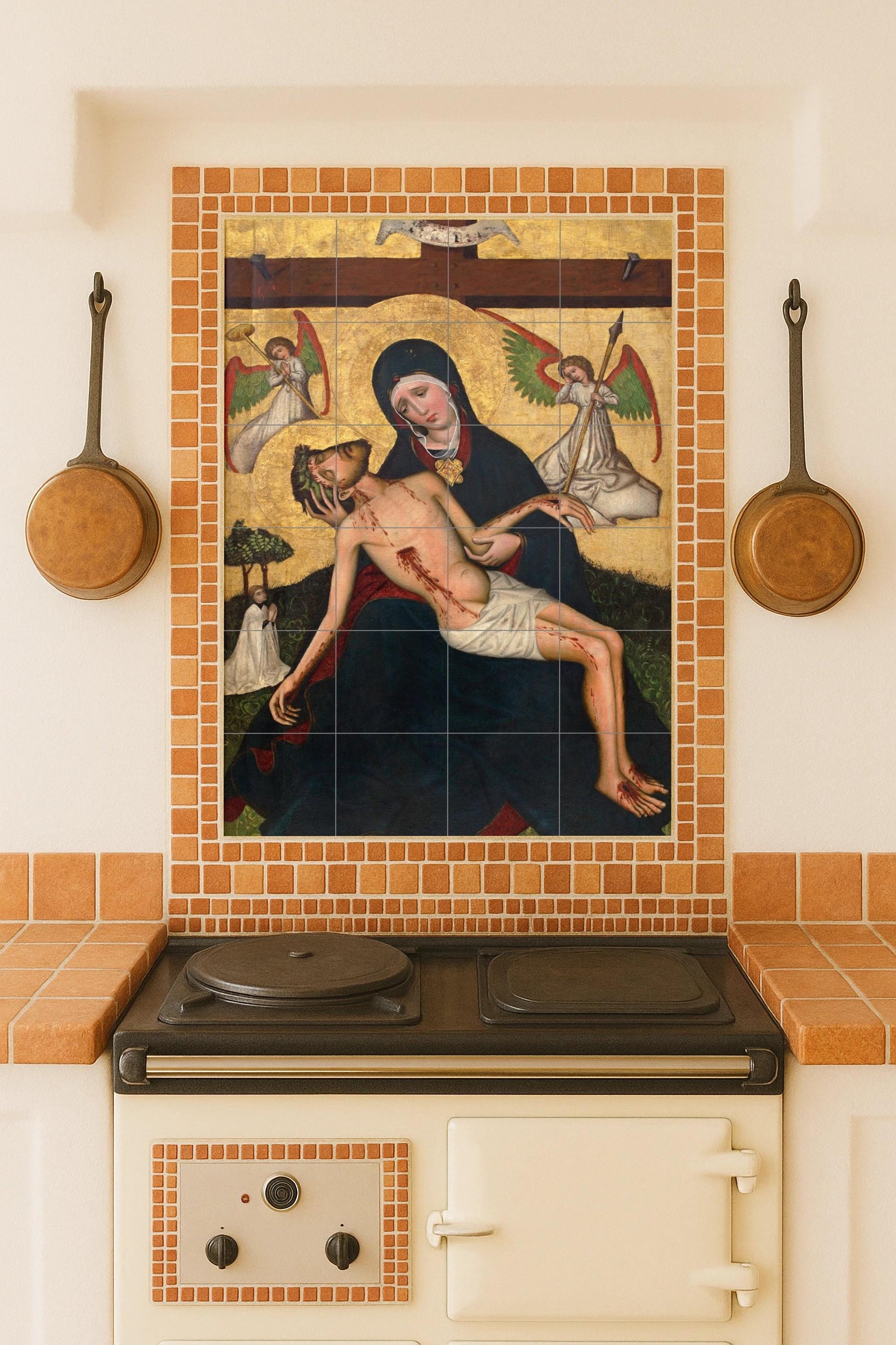 Piedad avec Anges — Fresque Murale en Carreaux de Céramique · Art Dévotionnel en Carreaux
