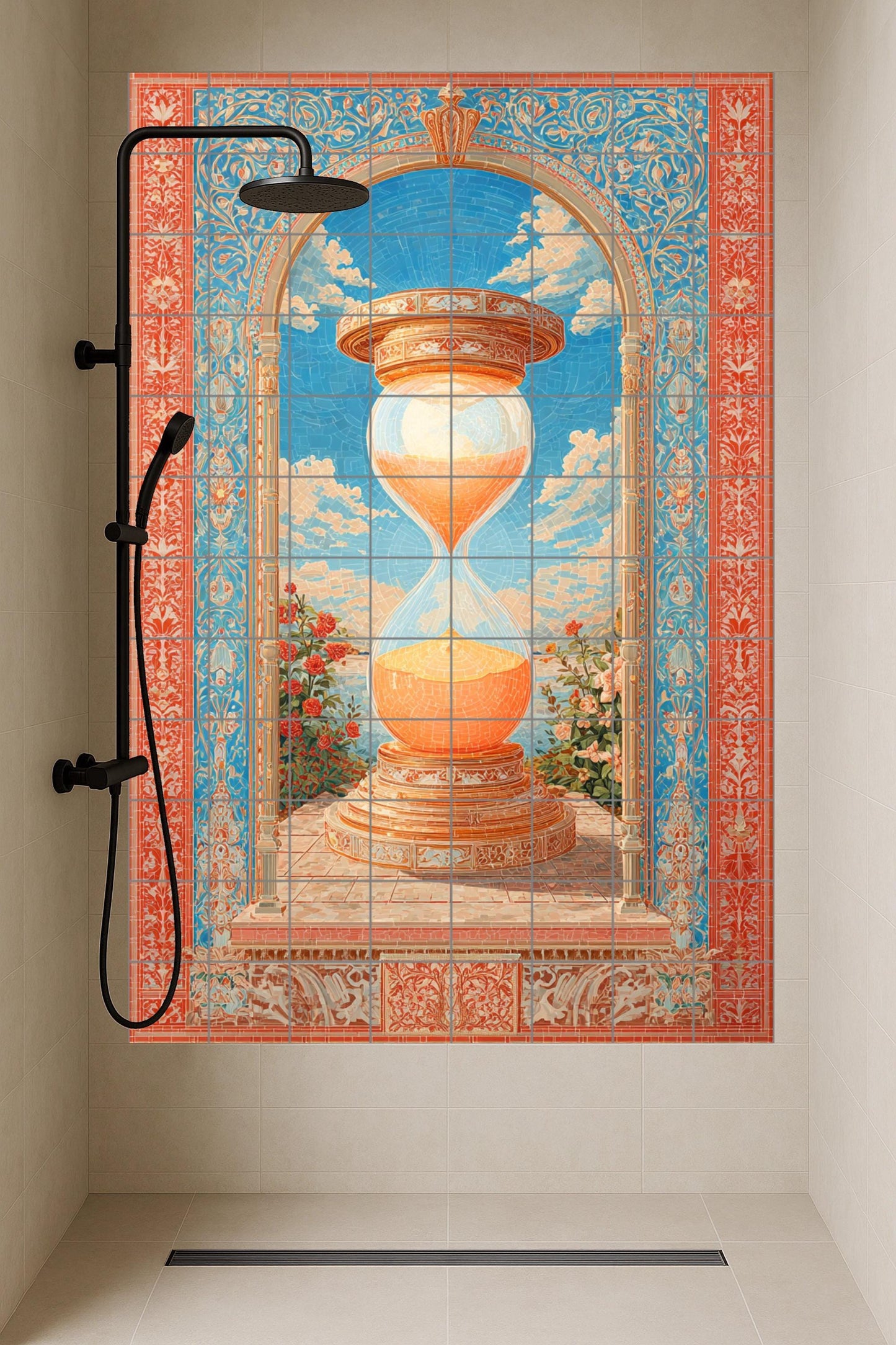 Reloj de Arena de Luz — Arena dorada, arco floral y fondo de mosaico…