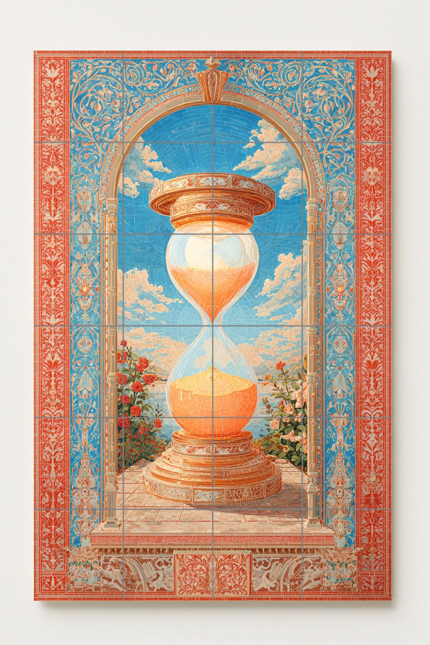 Reloj de Arena de Luz — Arena dorada, arco floral y fondo de mosaico…