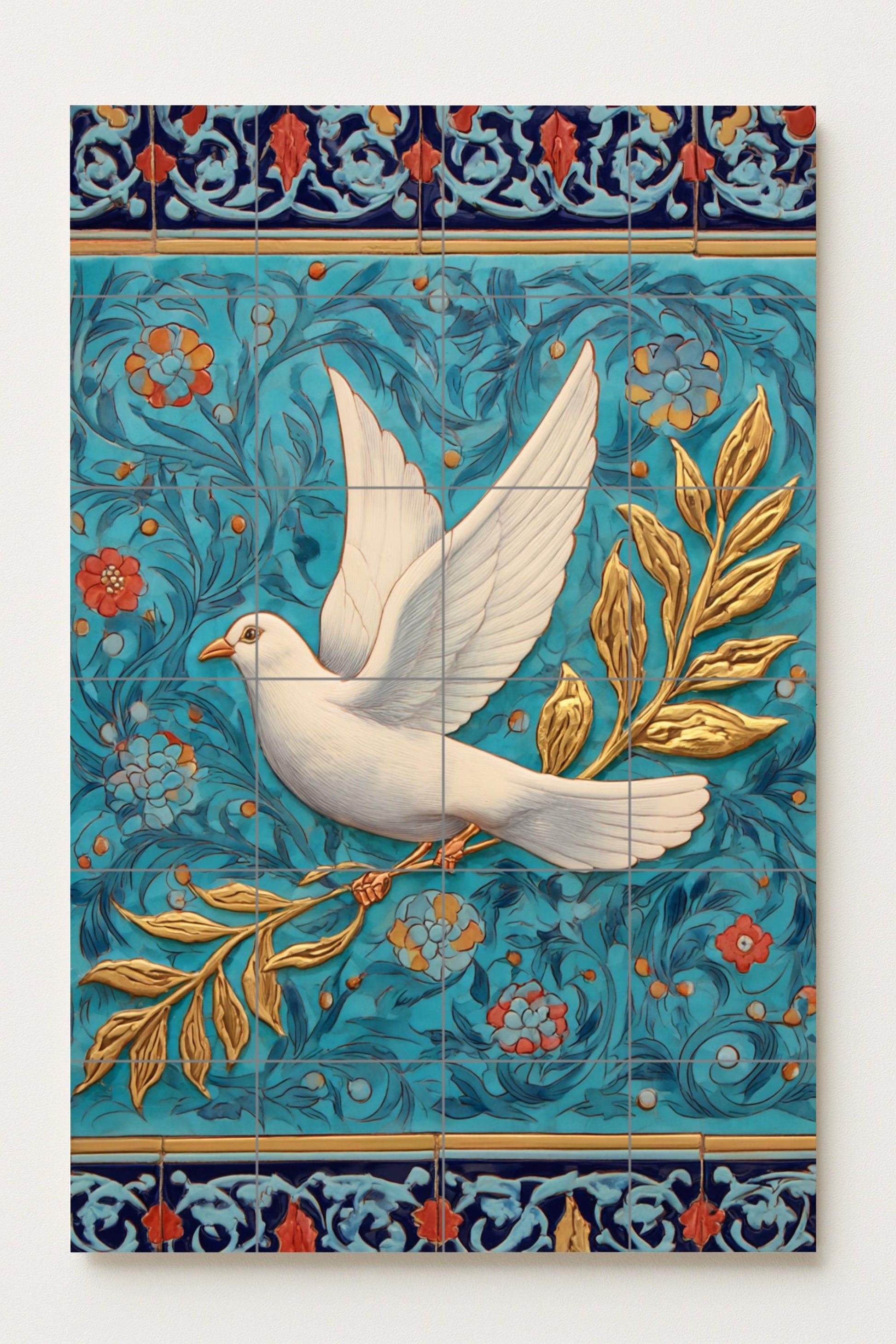 Taube Blanca von die Paz mit Olivenzweig Golden — Fliesen-Wandbild aus Keramik · Garten- & Natur-Dekor