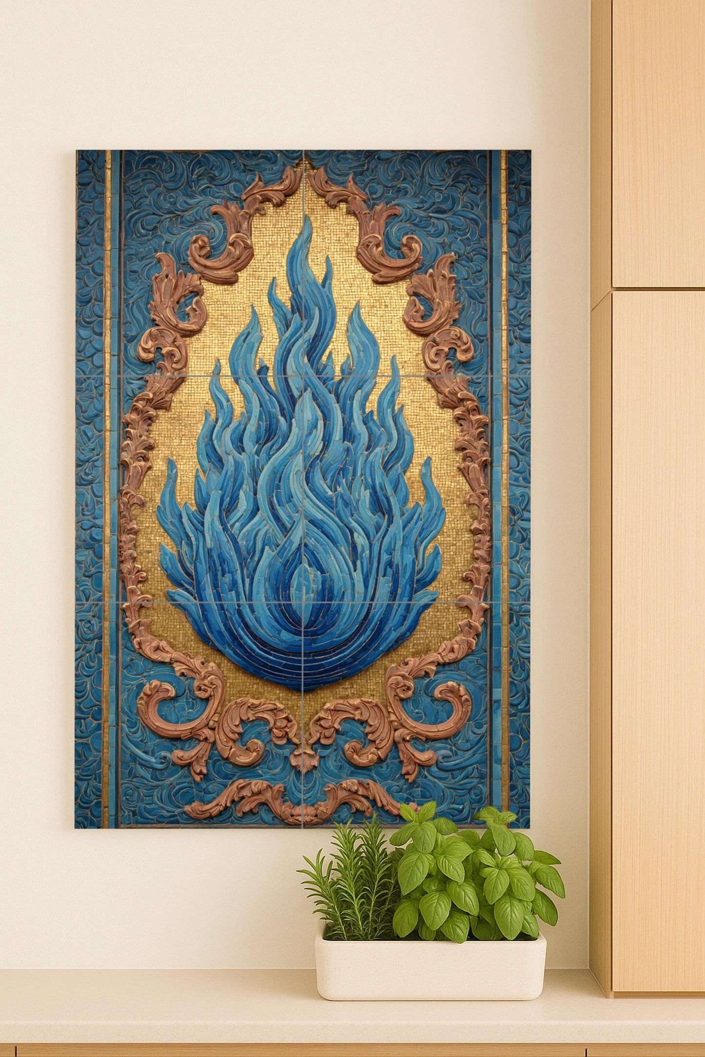 Llama Bleu sur Mosaïque Doré — Art Mural Chrétien, Art Mural en Céramique