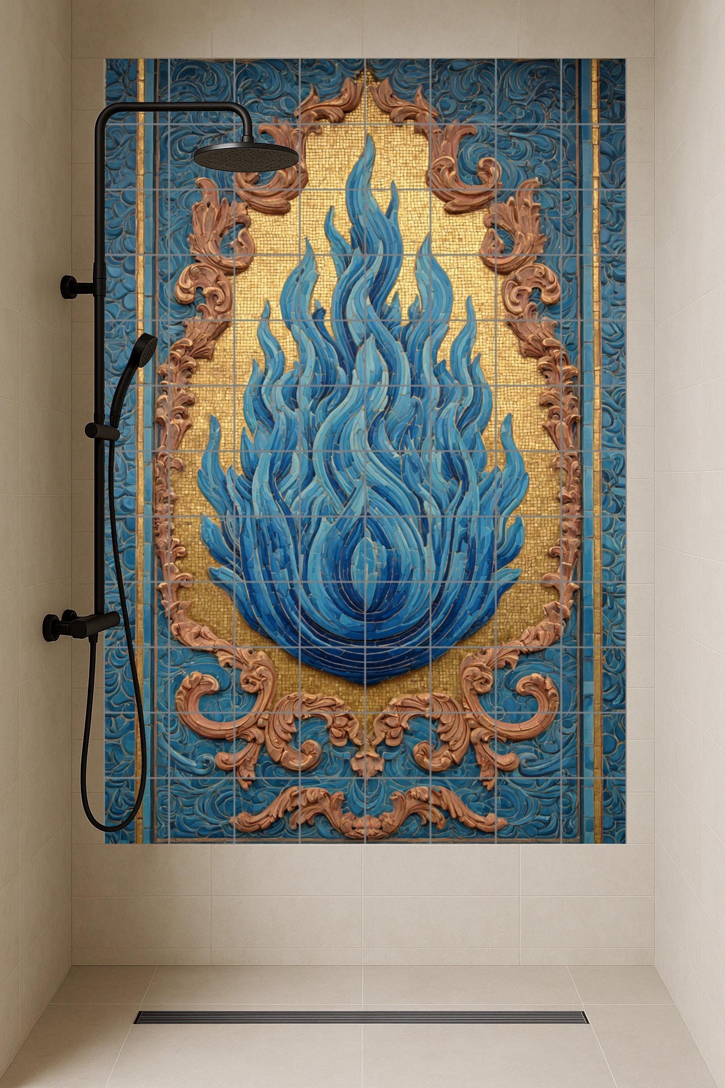 Llama Bleu sur Mosaïque Doré — Art Mural Chrétien, Art Mural en Céramique