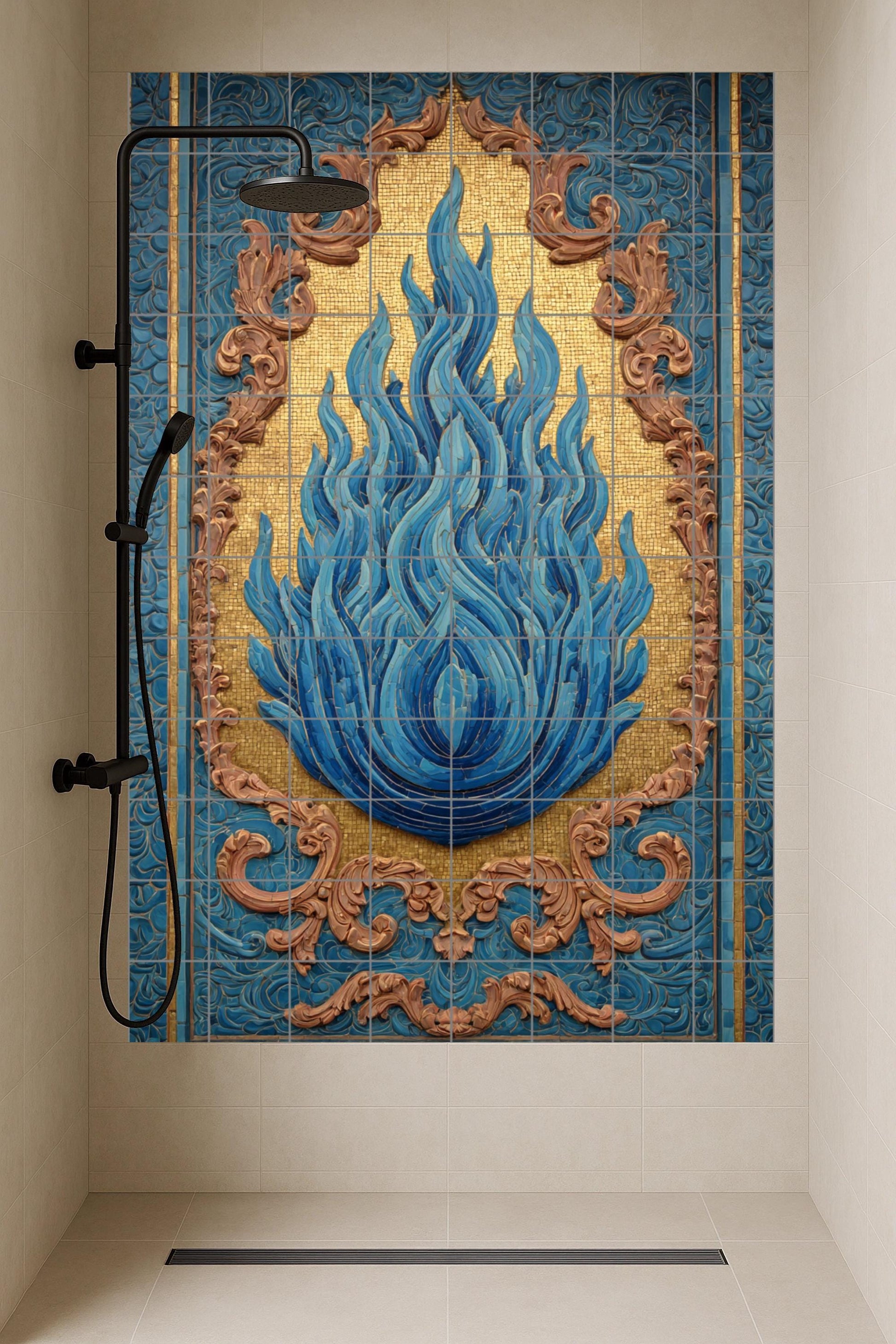 Llama Bleu sur Mosaïque Doré — Art Mural Chrétien, Art Mural en Céramique