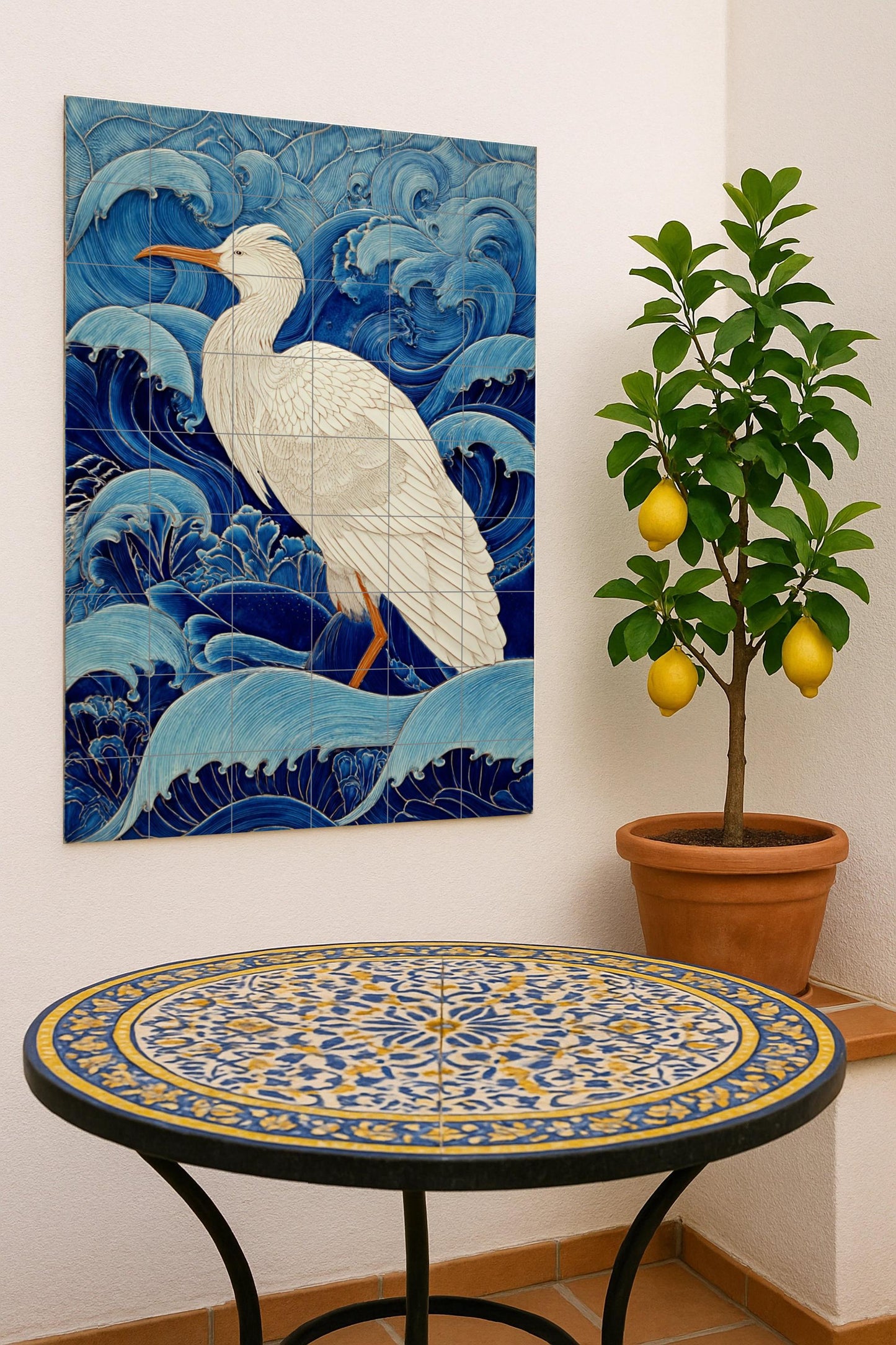 Garza Blanca entre the Waves — Maritime Tile Art · Ceramic Tile Mural