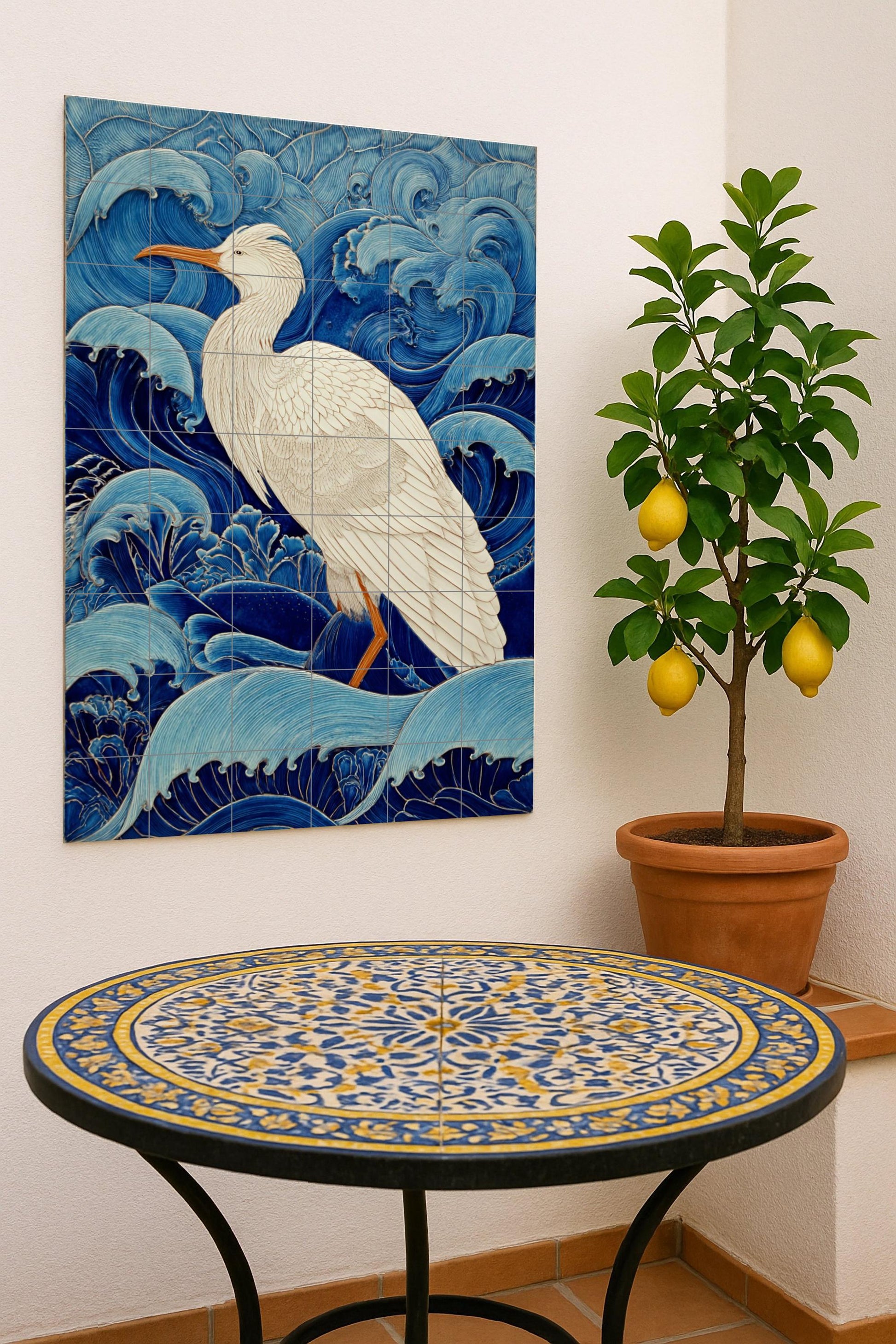 Garza Blanca entre the Waves — Maritime Tile Art · Ceramic Tile Mural