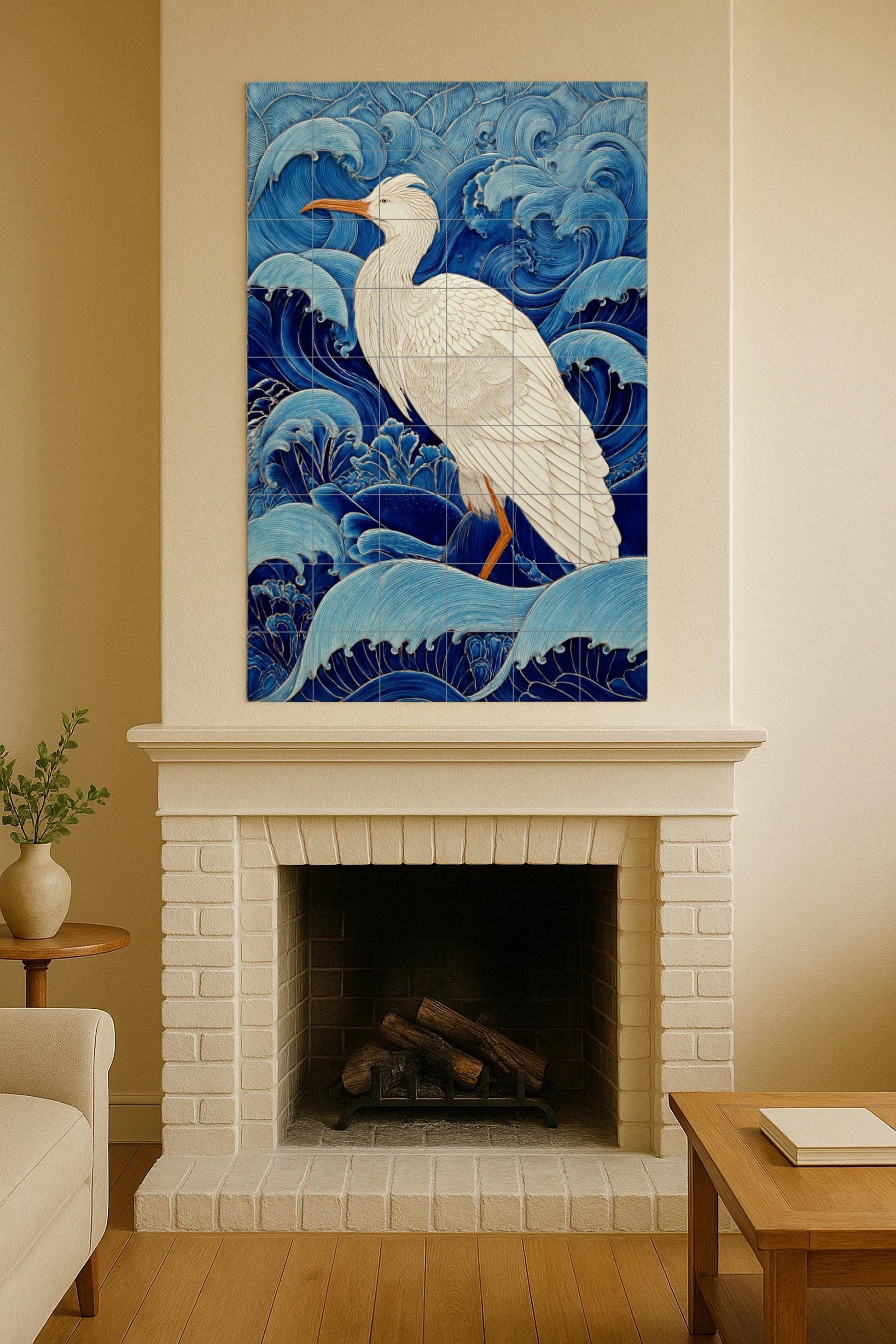 Garza Blanca entre the Waves — Maritime Tile Art · Ceramic Tile Mural
