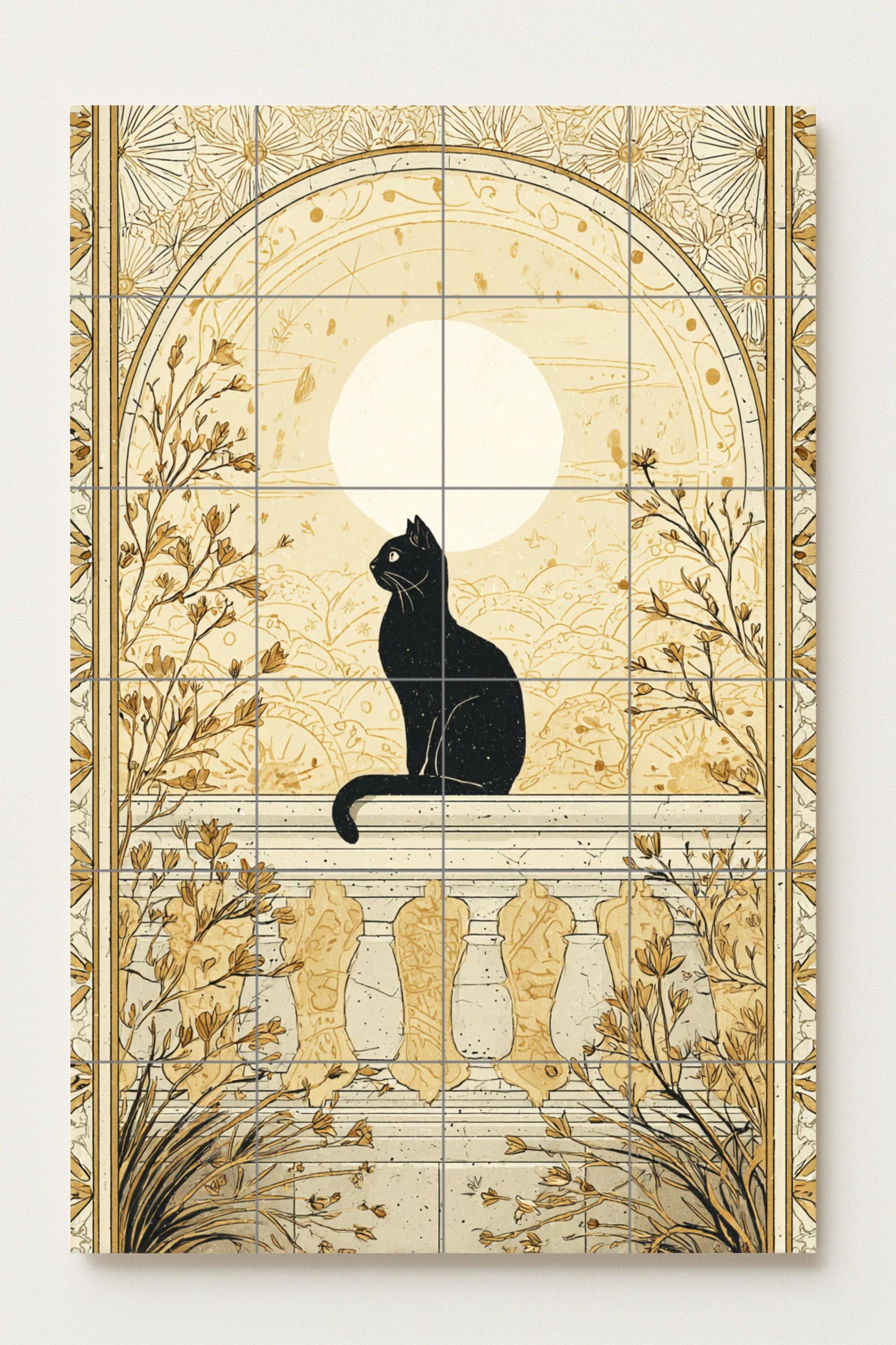 Gato negro bajo la luna dorada