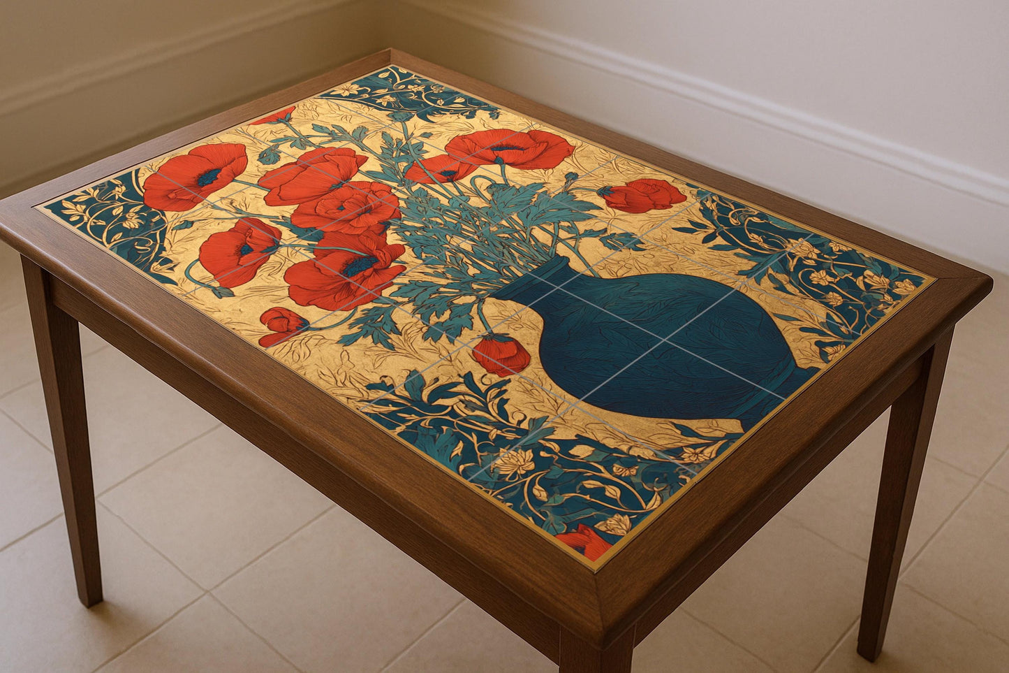 Amapolas en Oro — Art Nouveau con flores escarlatas y jarrón azul…