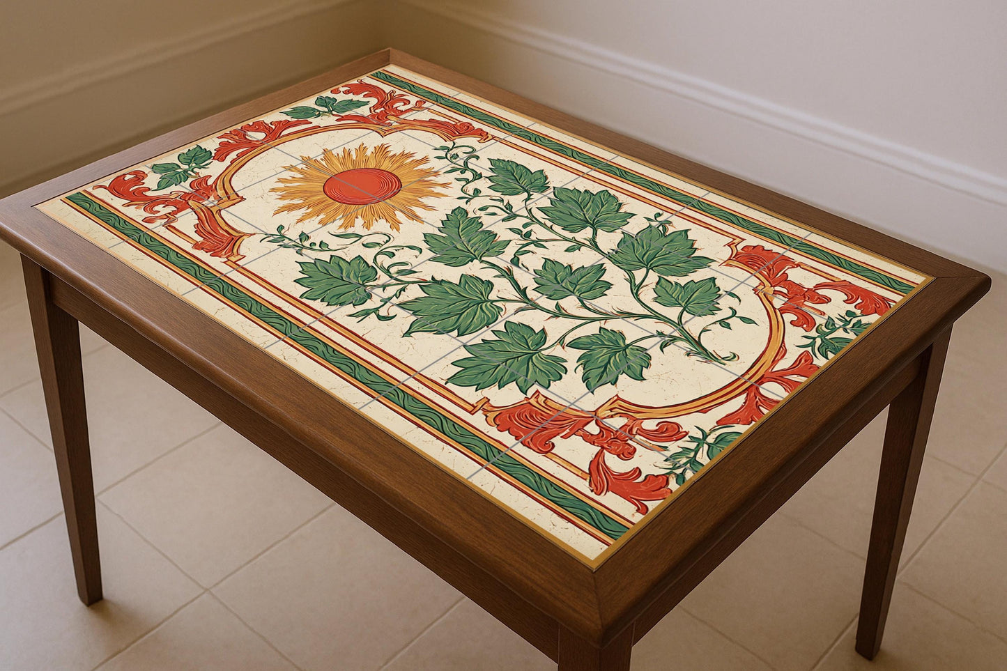 Adorno solar — Motivo solar y follaje verde, obra de arte de azulejos…