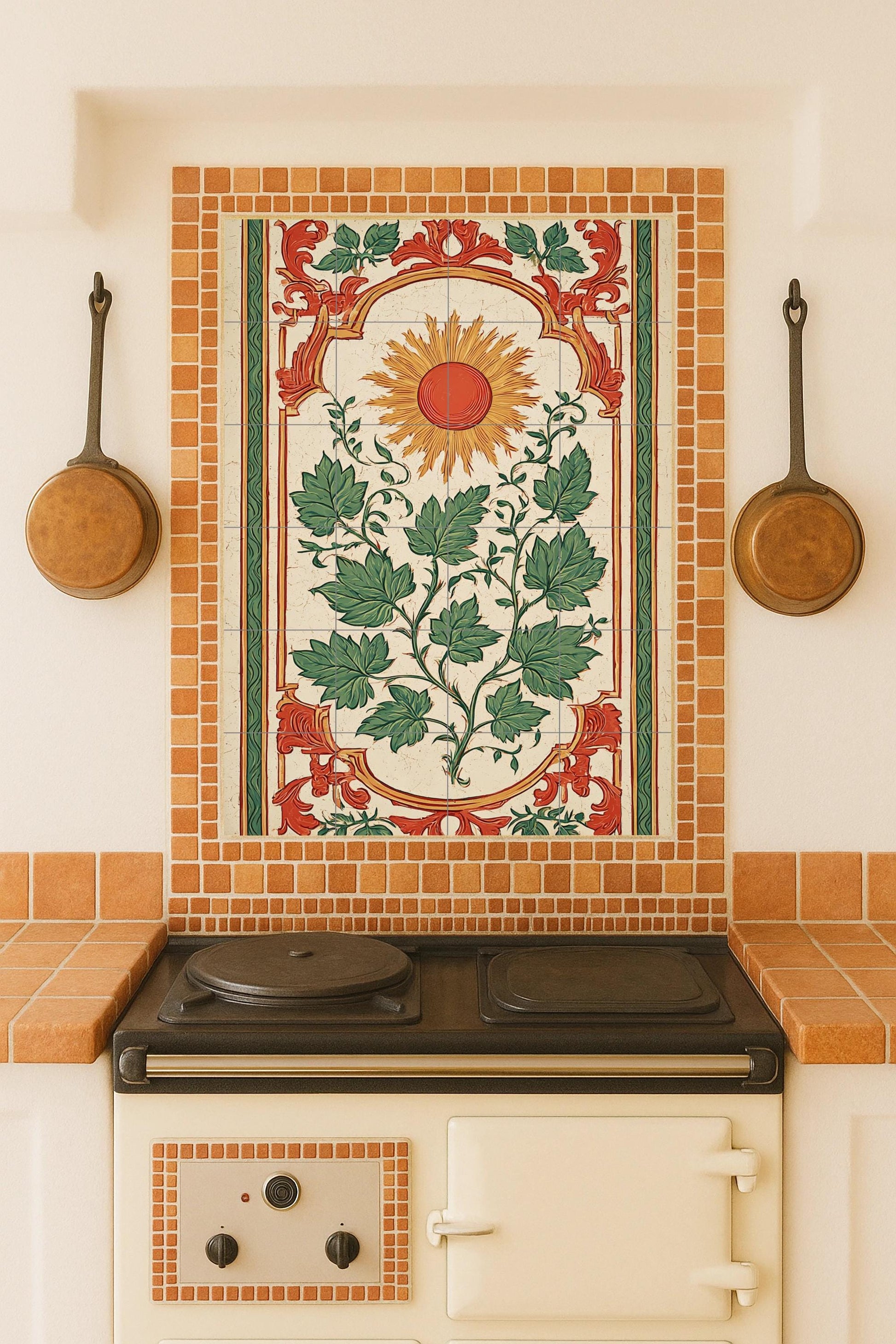 Adorno solar — Motivo solar y follaje verde, obra de arte de azulejos…