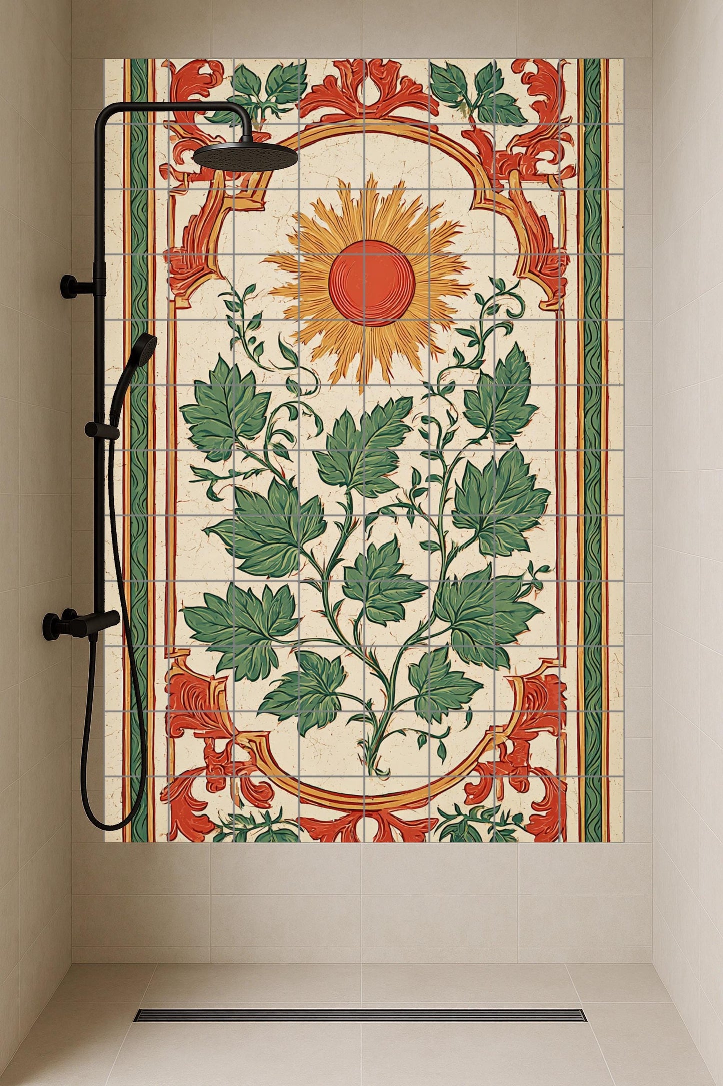 Adorno solar — Motivo solar y follaje verde, obra de arte de azulejos…