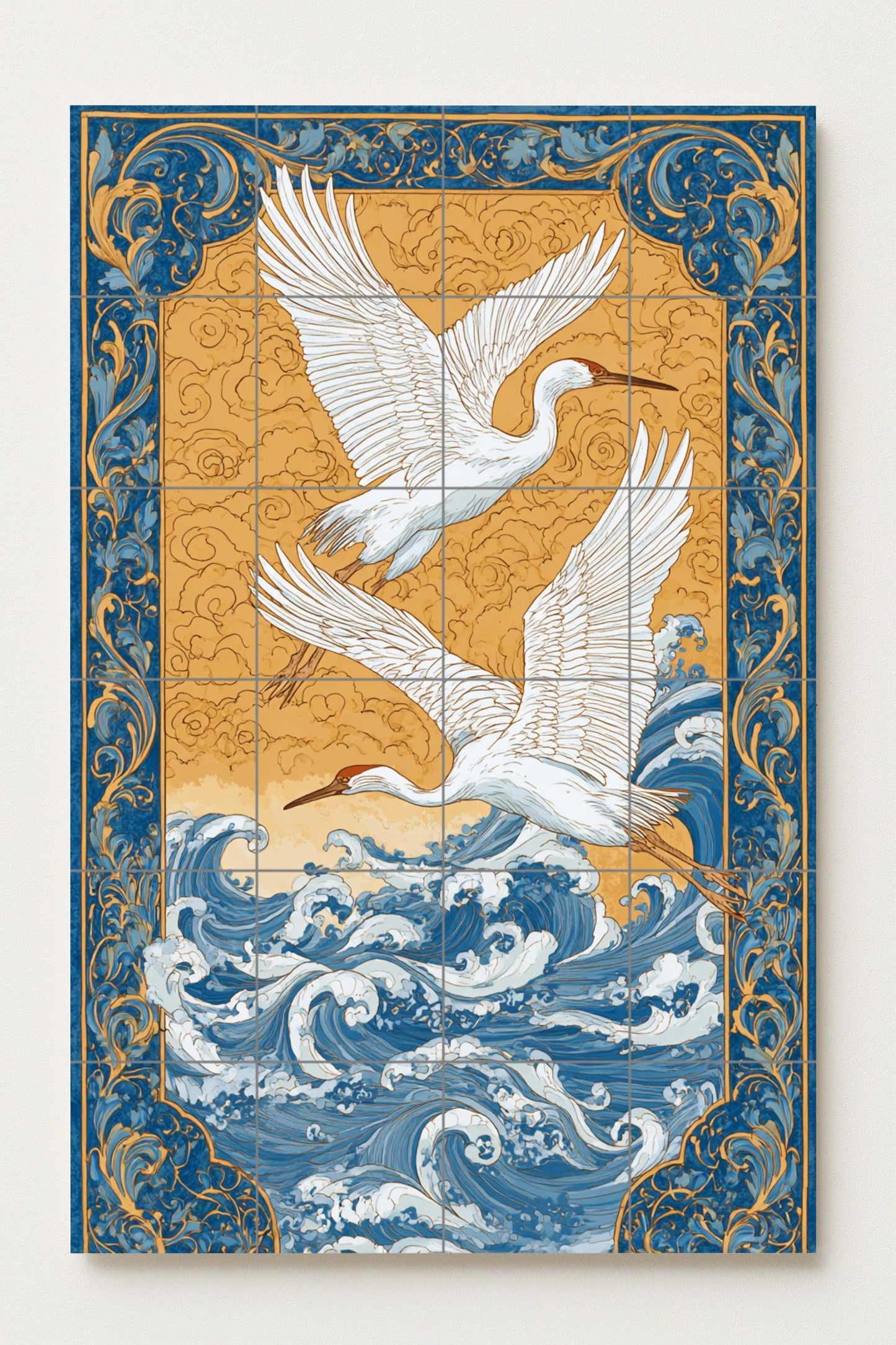 Alas sobre el Egeo — Olas oceánicas ornamentales y cielo dorado, obra…