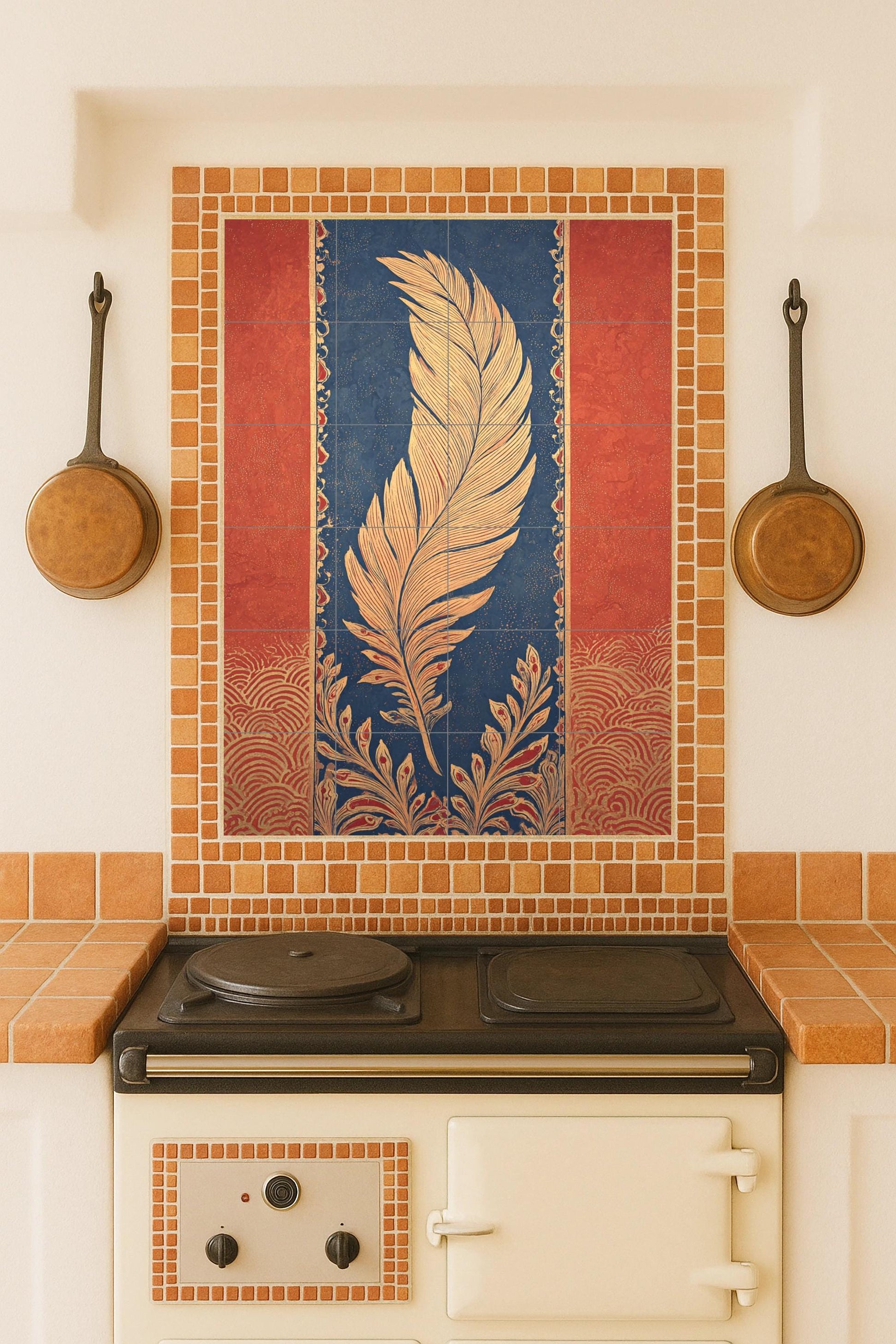 Elegía de Plumas Dorées — Fresque Murale en Carreaux de Céramique · Panneau Mural Ornemental