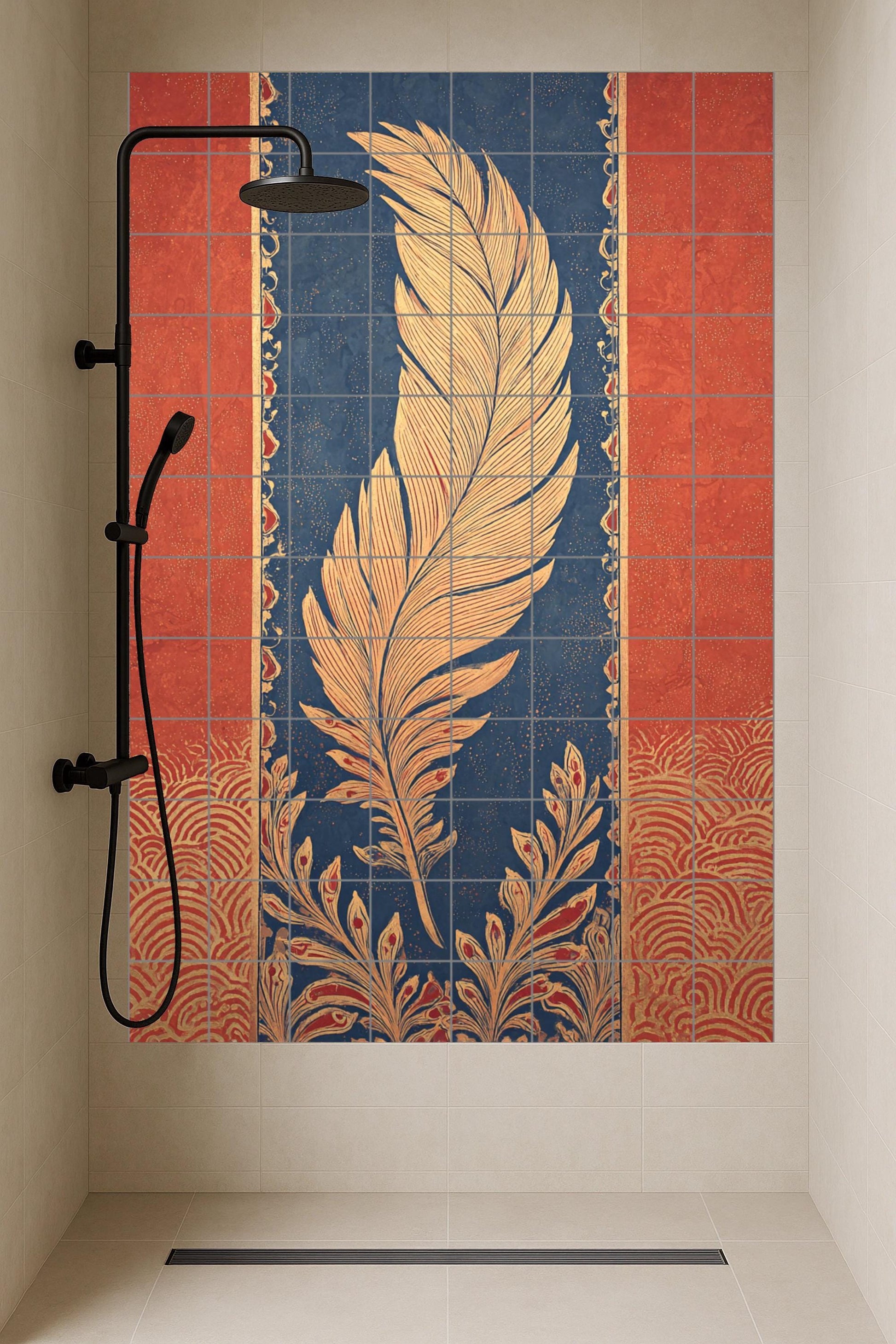 Elegía de Plumas Dorées — Fresque Murale en Carreaux de Céramique · Panneau Mural Ornemental