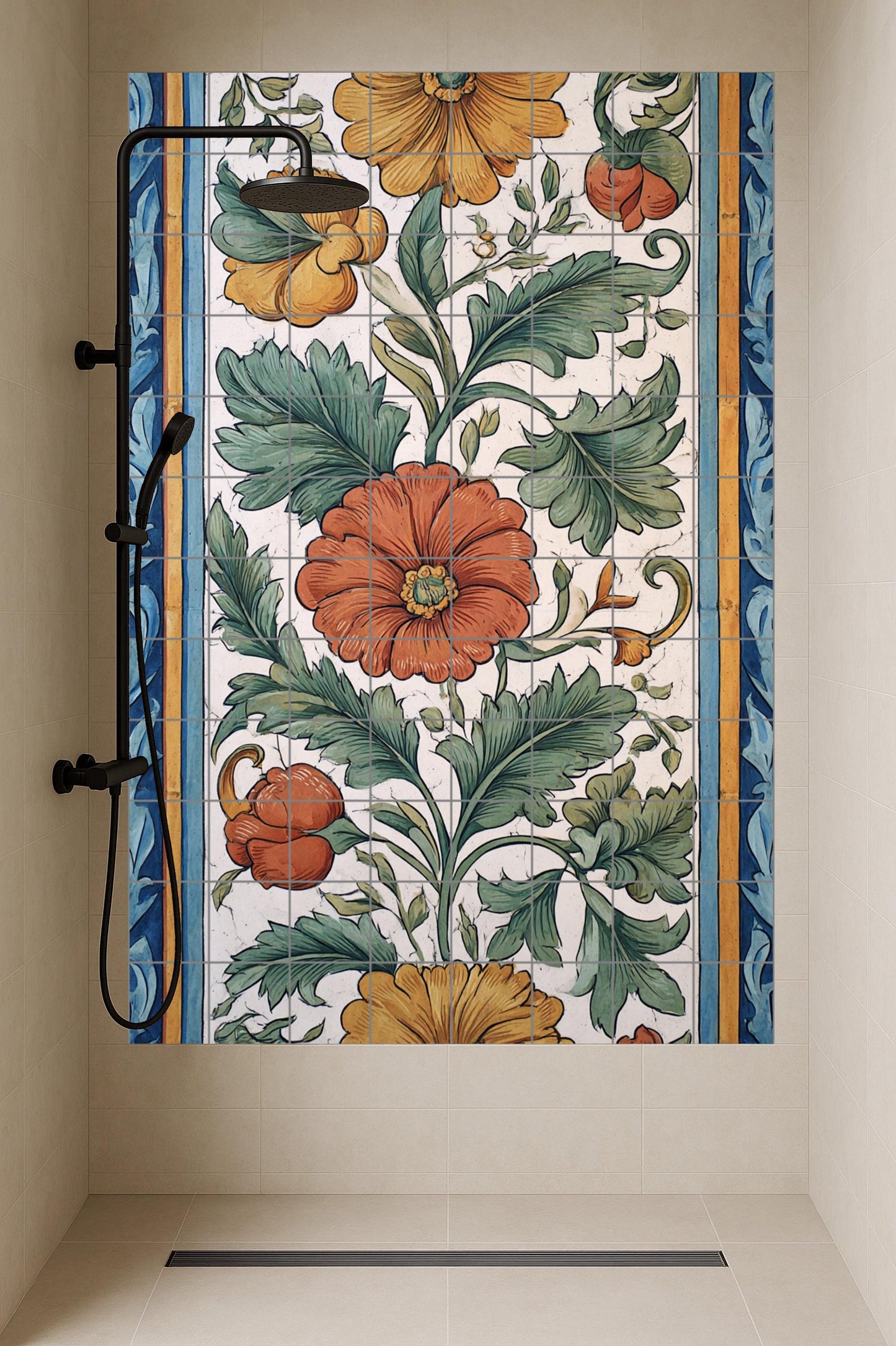 Valencia Bloom — Mural de cerámica con follaje verde, flores doradas…