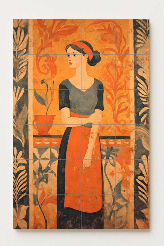 Mural cerámico The Wait — Azulejo de arte figurativo, mujer…