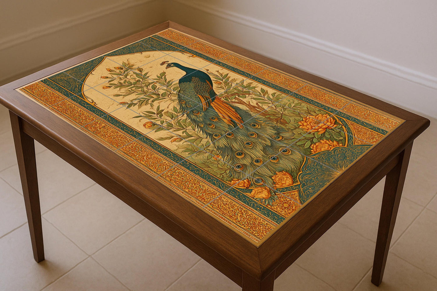 Paon majestuoso — Fresque Murale en Carreaux de Céramique · Fleurs et Paysages