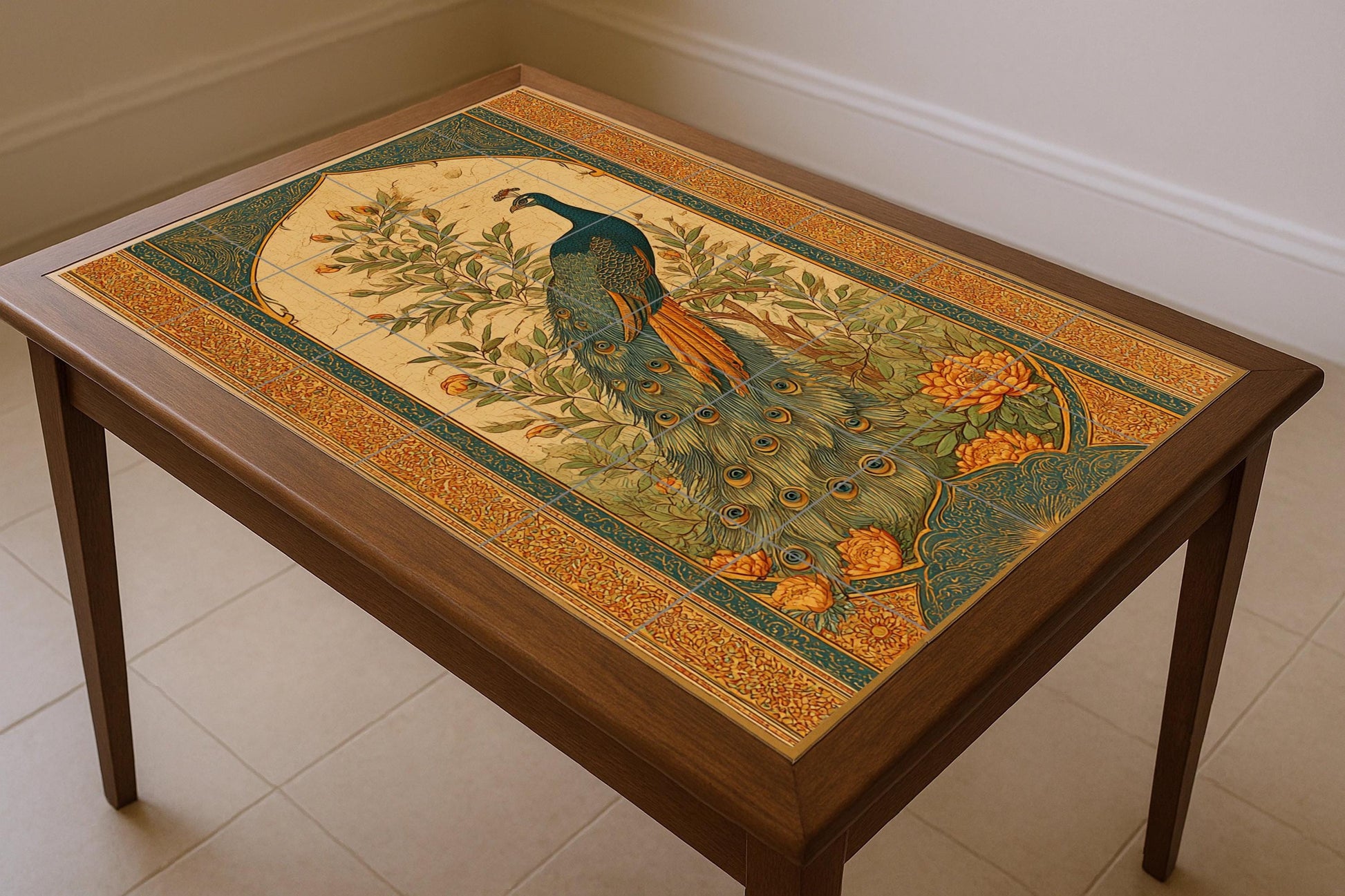 Paon majestuoso — Fresque Murale en Carreaux de Céramique · Fleurs et Paysages