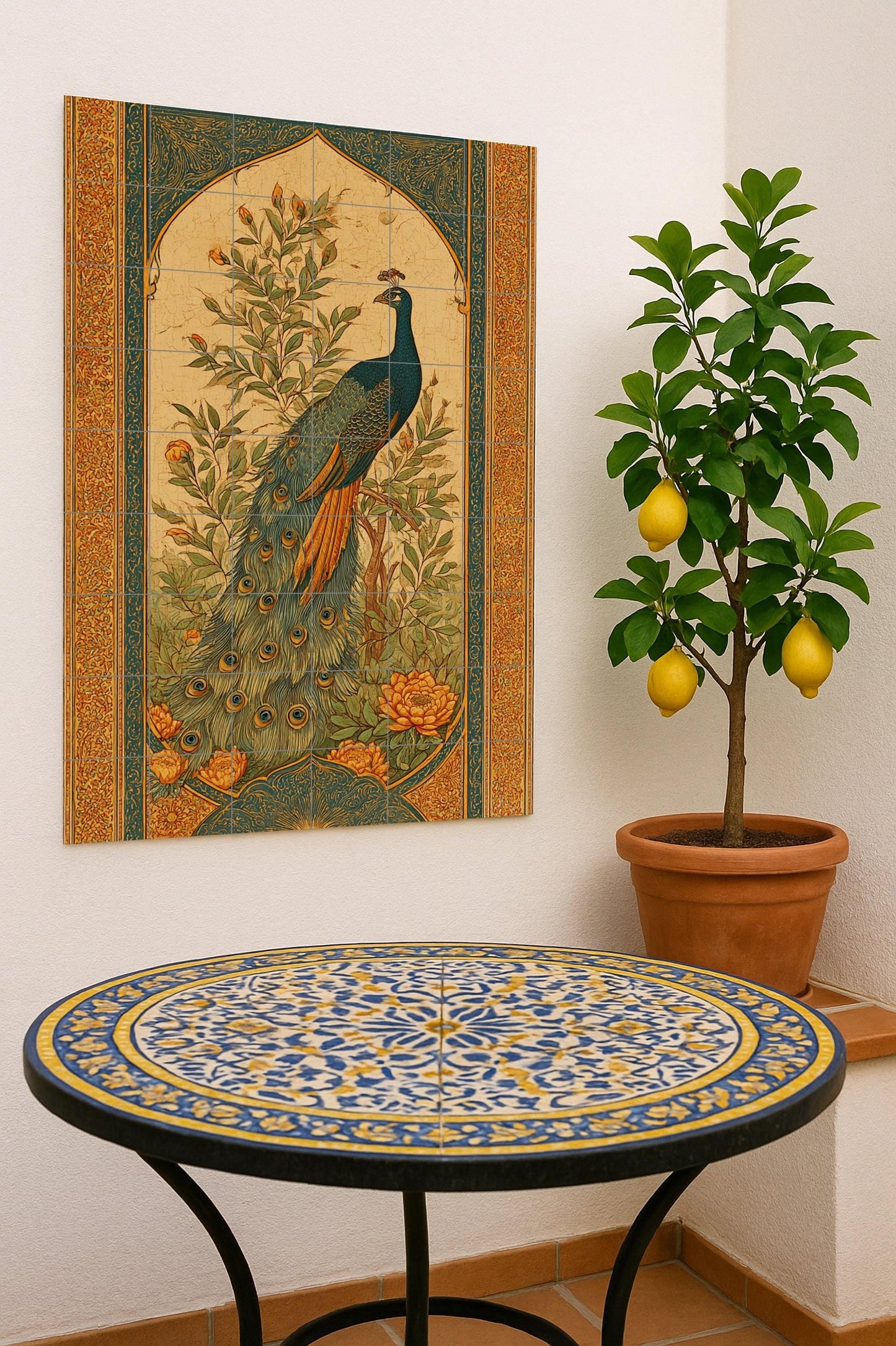 Paon majestuoso — Fresque Murale en Carreaux de Céramique · Fleurs et Paysages