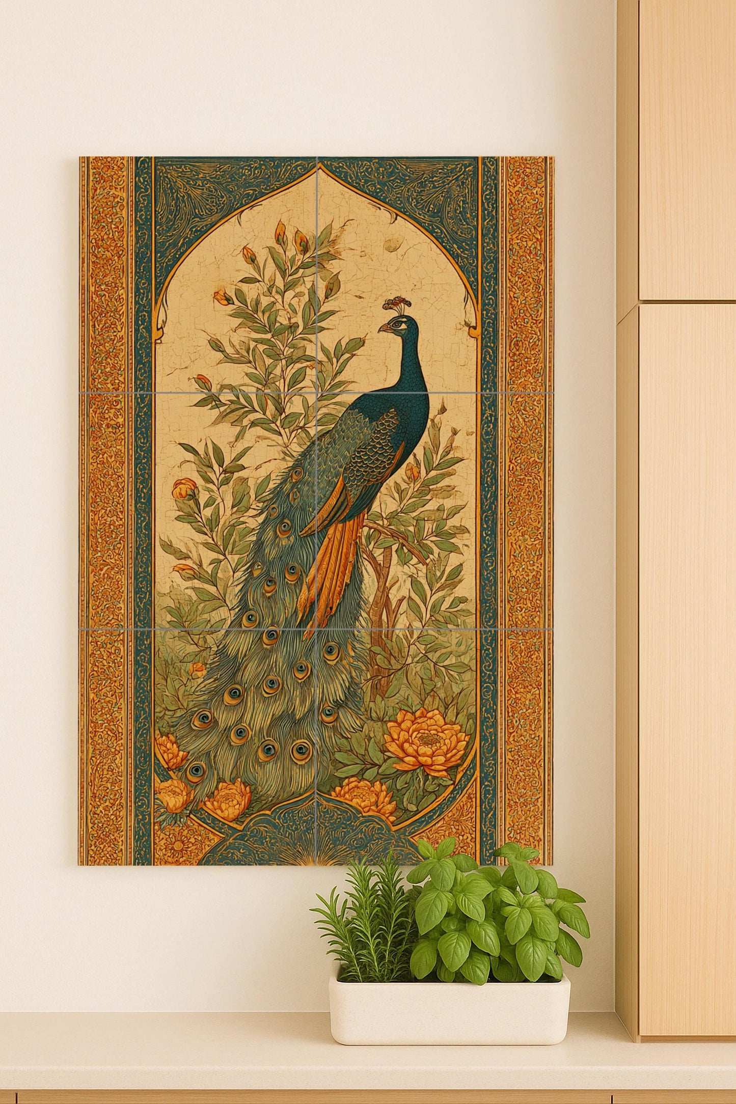 Paon majestuoso — Fresque Murale en Carreaux de Céramique · Fleurs et Paysages