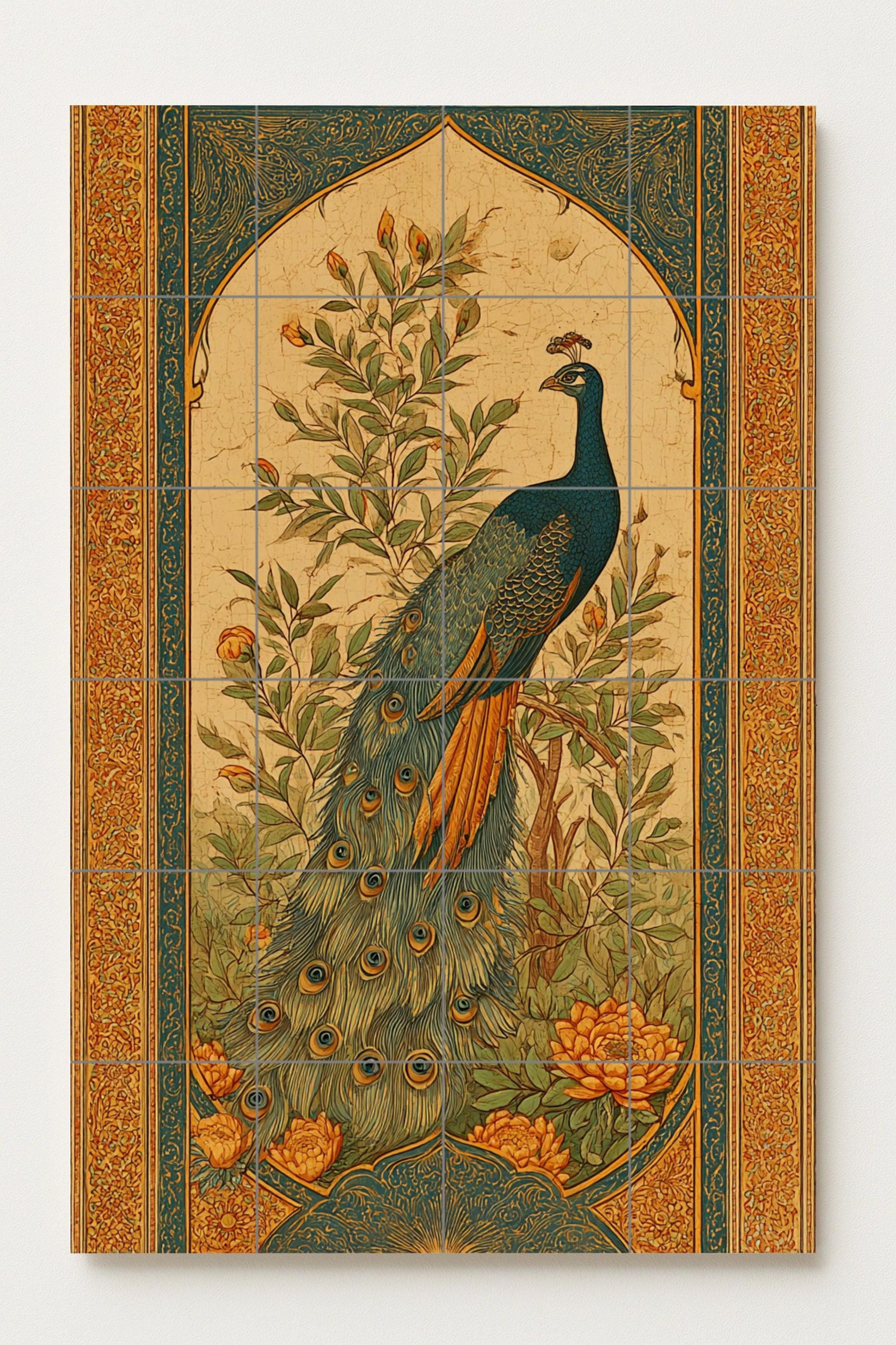 Paon majestuoso — Fresque Murale en Carreaux de Céramique · Fleurs et Paysages