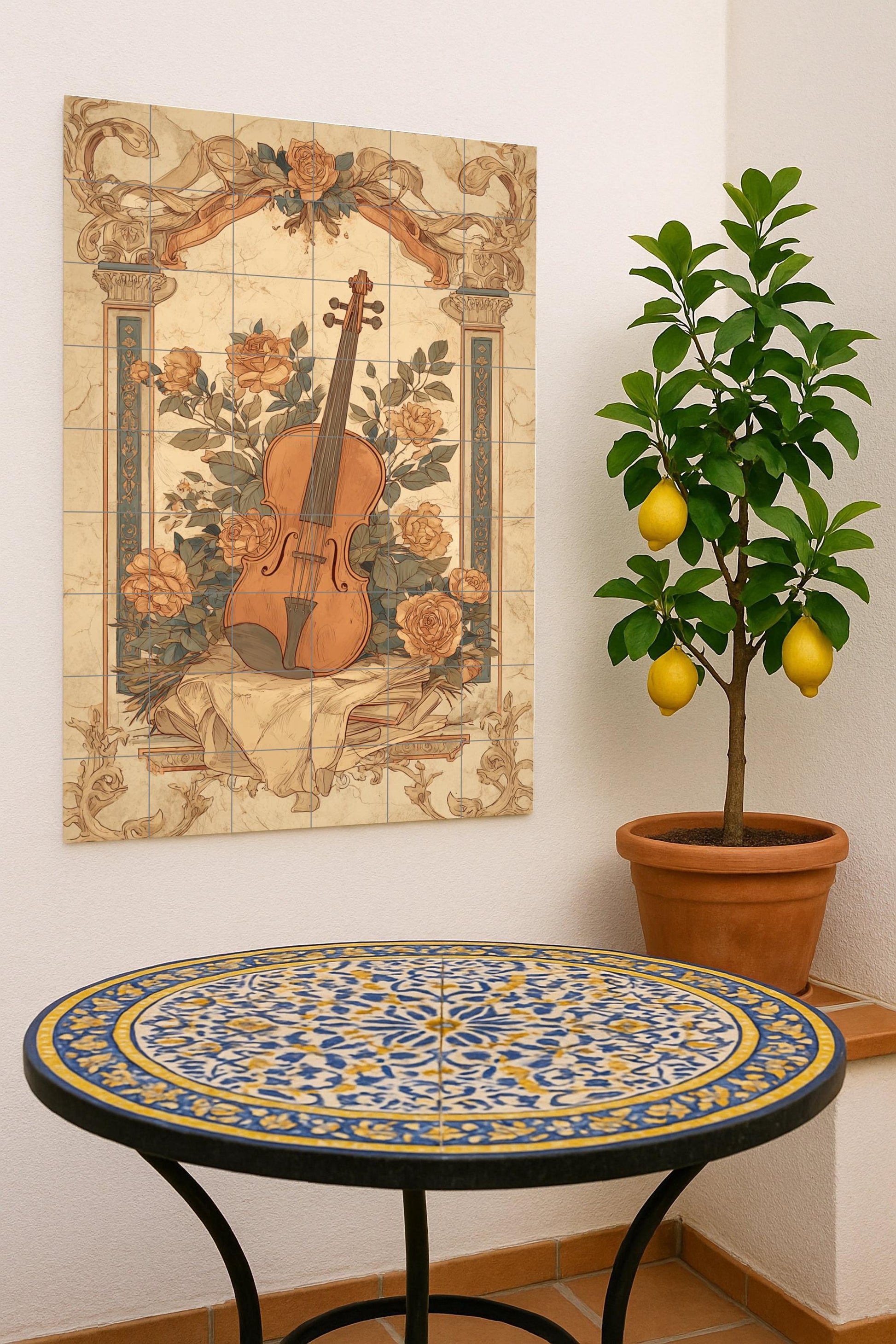 Violín e rosas — Arte Naturale da Parete, Arte da Parete in Ceramica