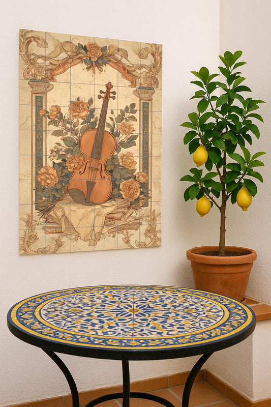 Mural cerámico de violín y rosas