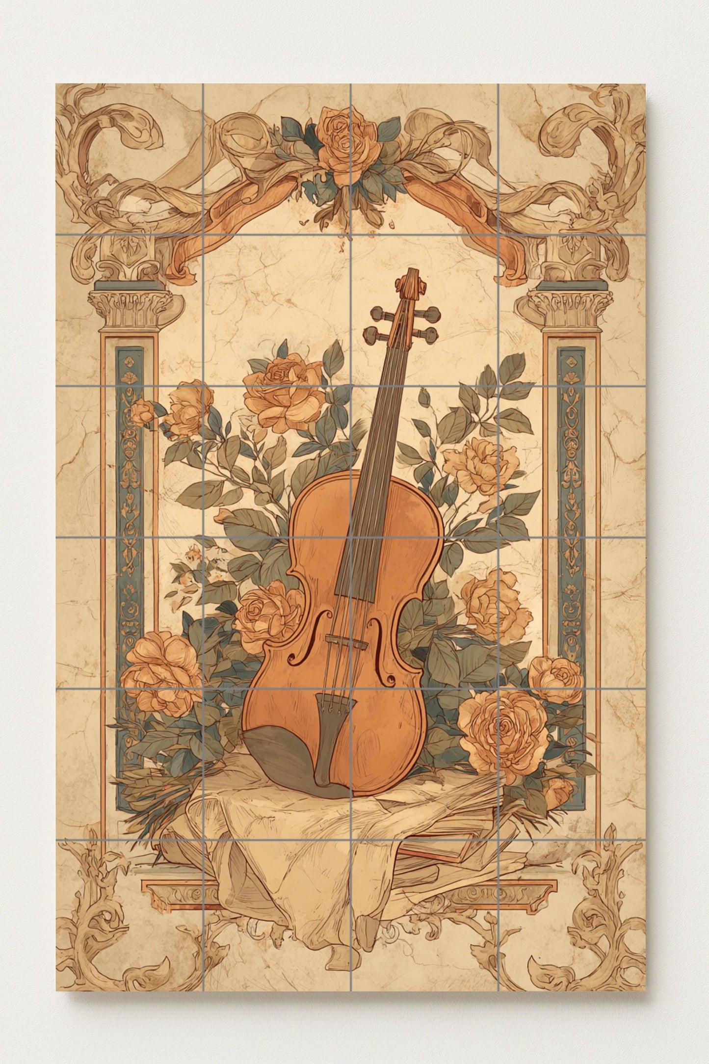 Violín e rosas — Arte Naturale da Parete, Arte da Parete in Ceramica