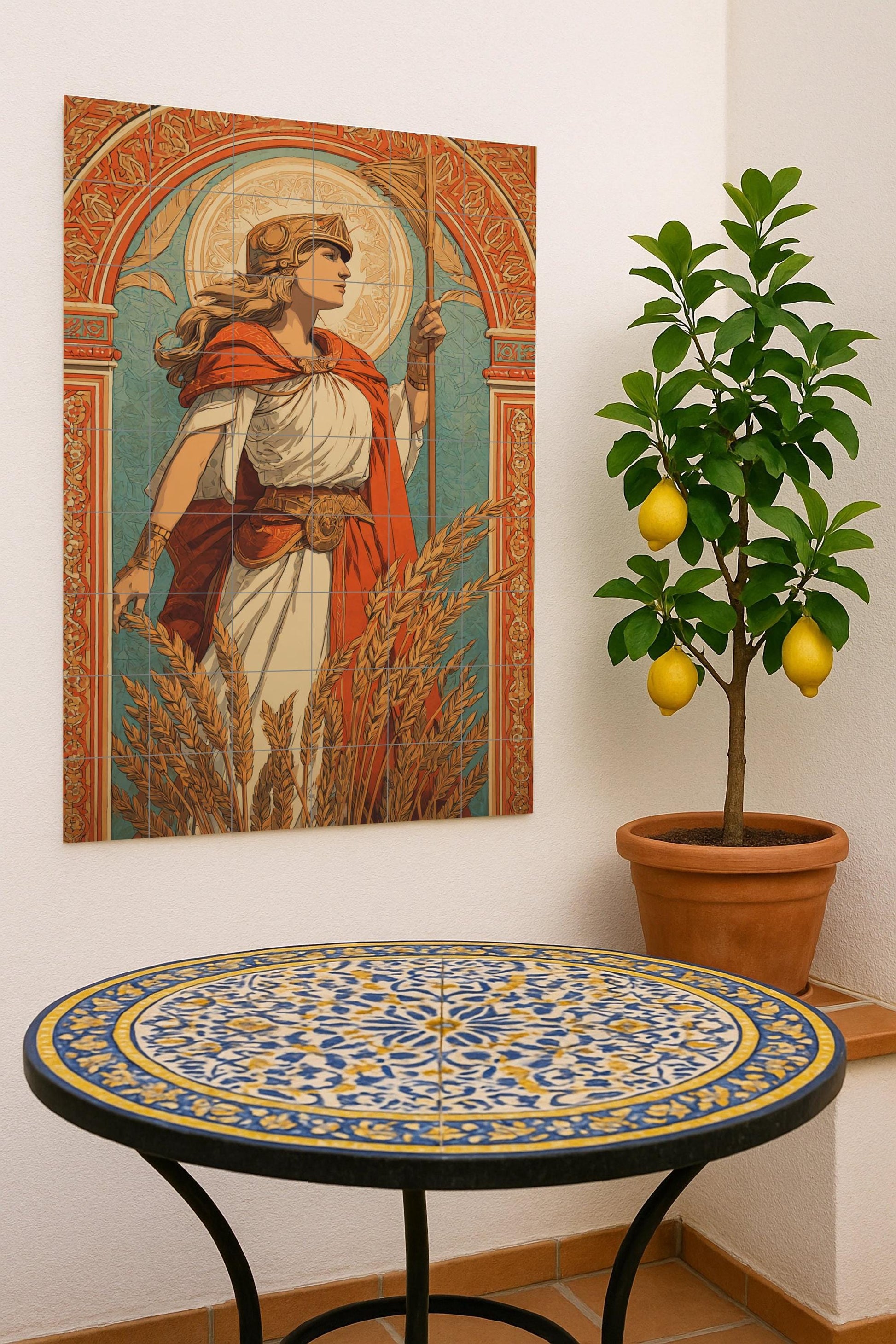 Fresque en Carrelage Déesse de la Récolte — Art Mural Mythologique